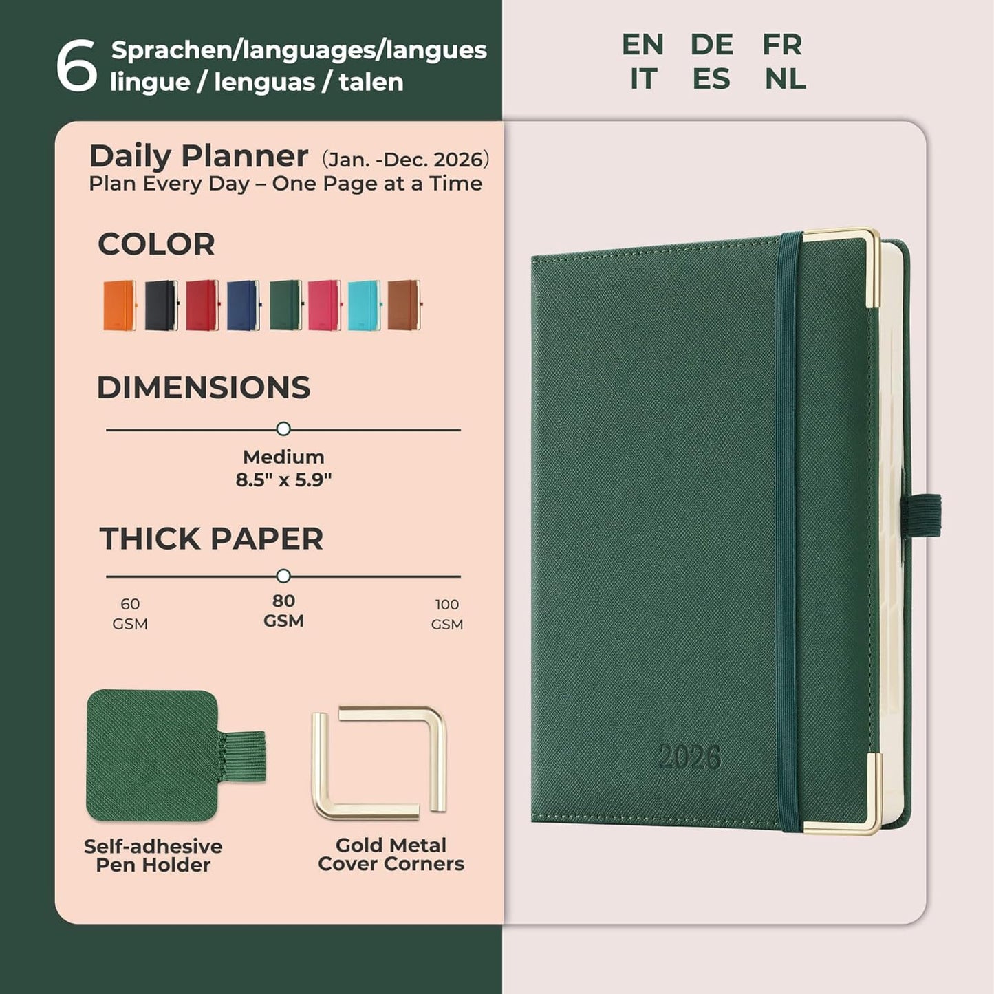 Daily Planner 2026 with One Page Per Day,(A5-8.5" x 5.9"),12 Months Calendar Hourly Appointment Book Monthly Tabs & Self-adhesive Pen Holder,Inner Pocket, Vegan Leather Hardback,Green