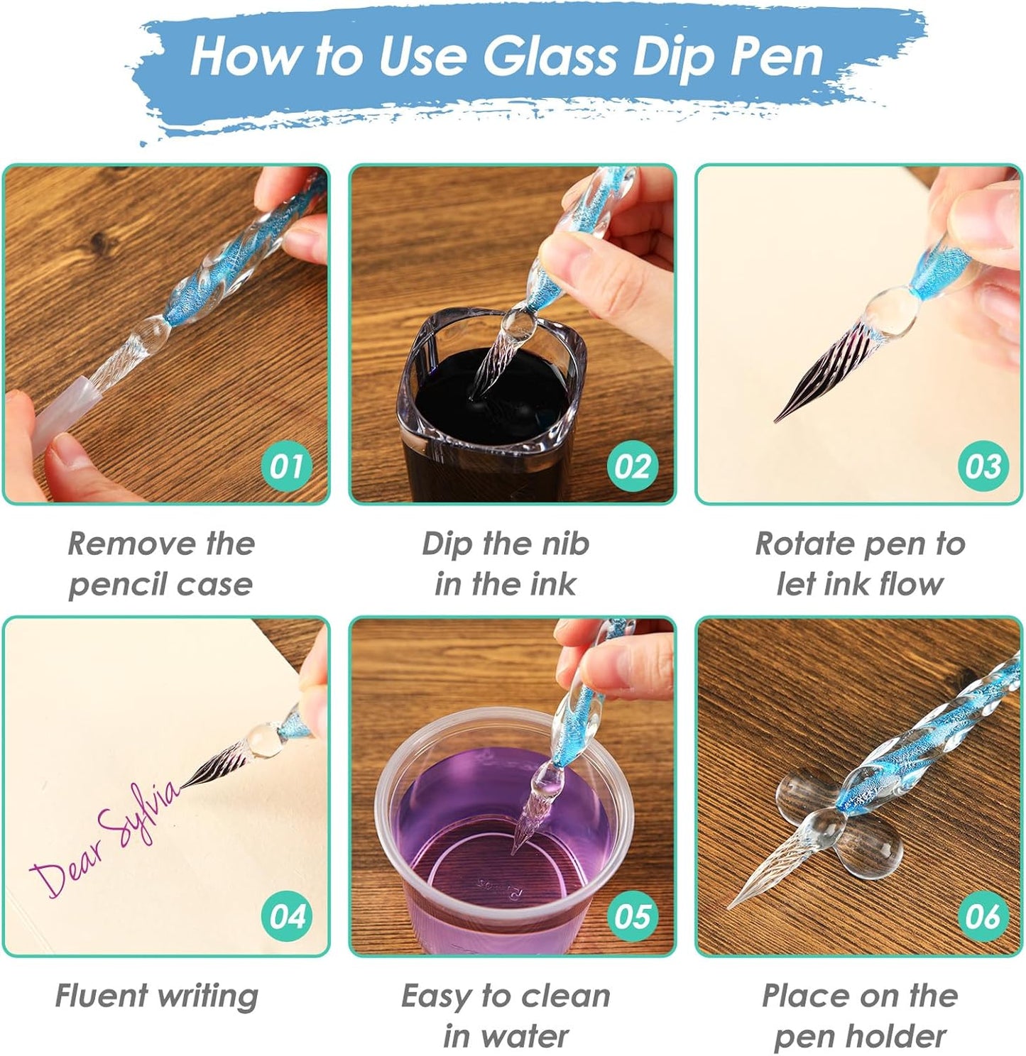 Outus 9 Pieces Glass Dip Pen Handmade Glass Signature Pen High Borosilicate Glass Crystal Vintage Dip Pen with 9 Pieces Pen Holder for Writing Drawing Calligraphy (Classic Color)