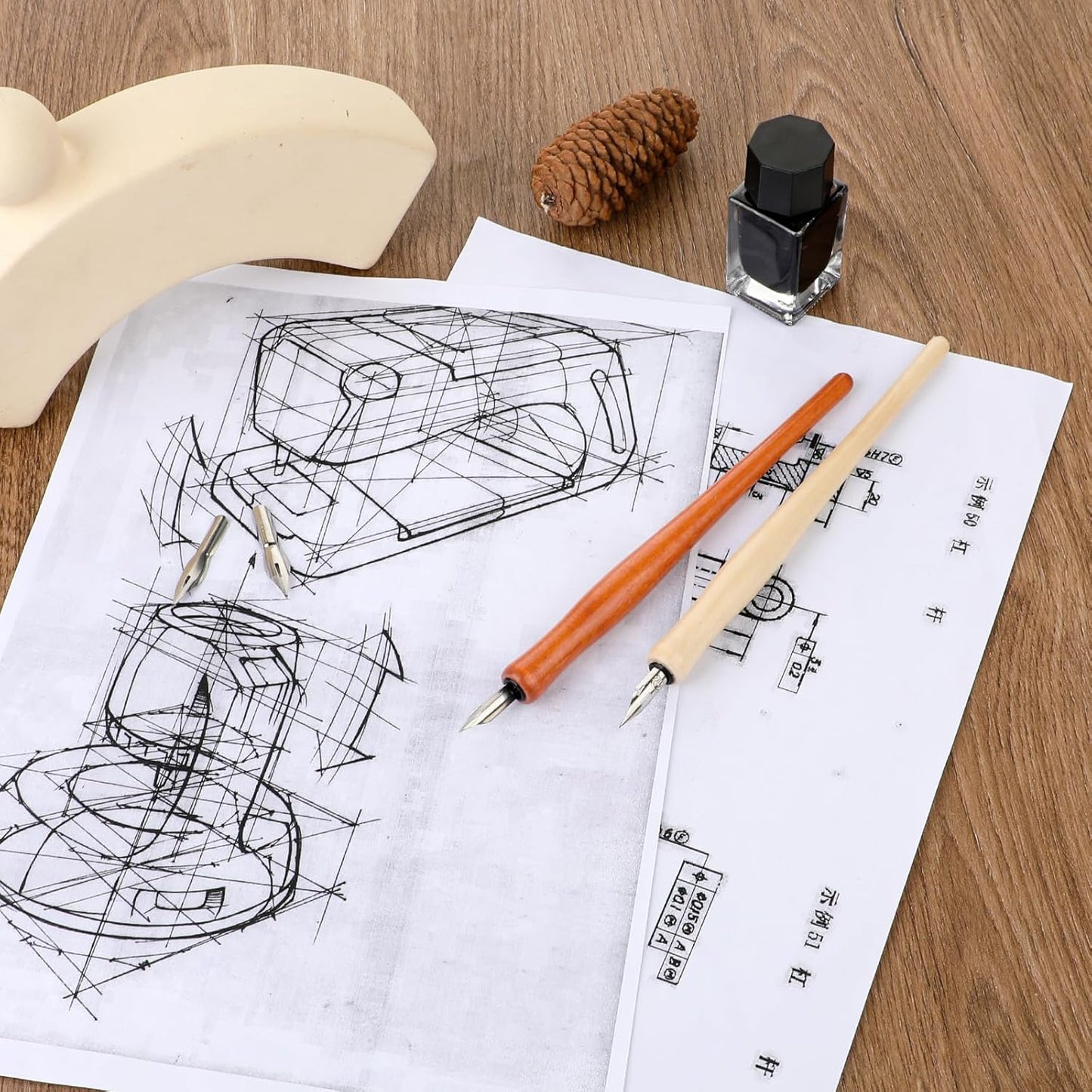 14pcs Oblique Calligraphy Comic Pen Set, 2-in-1 Wooden Pen Holder with 12 Stainless Steel Replacement Nibs for Writing, Signing, Painting, Sketching