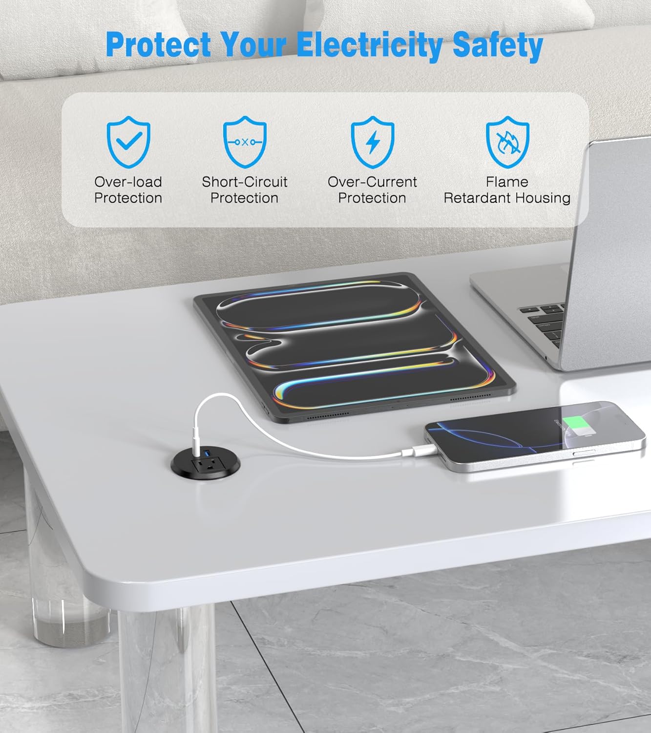 2 Pack Desk Power Grommet Outlet, 2 inch Recessed Power Outlet with 20W USB-C Fast Charging, for Conference Rooms, Office Tables, Furniture, 6FT Cord(ETL Listed)