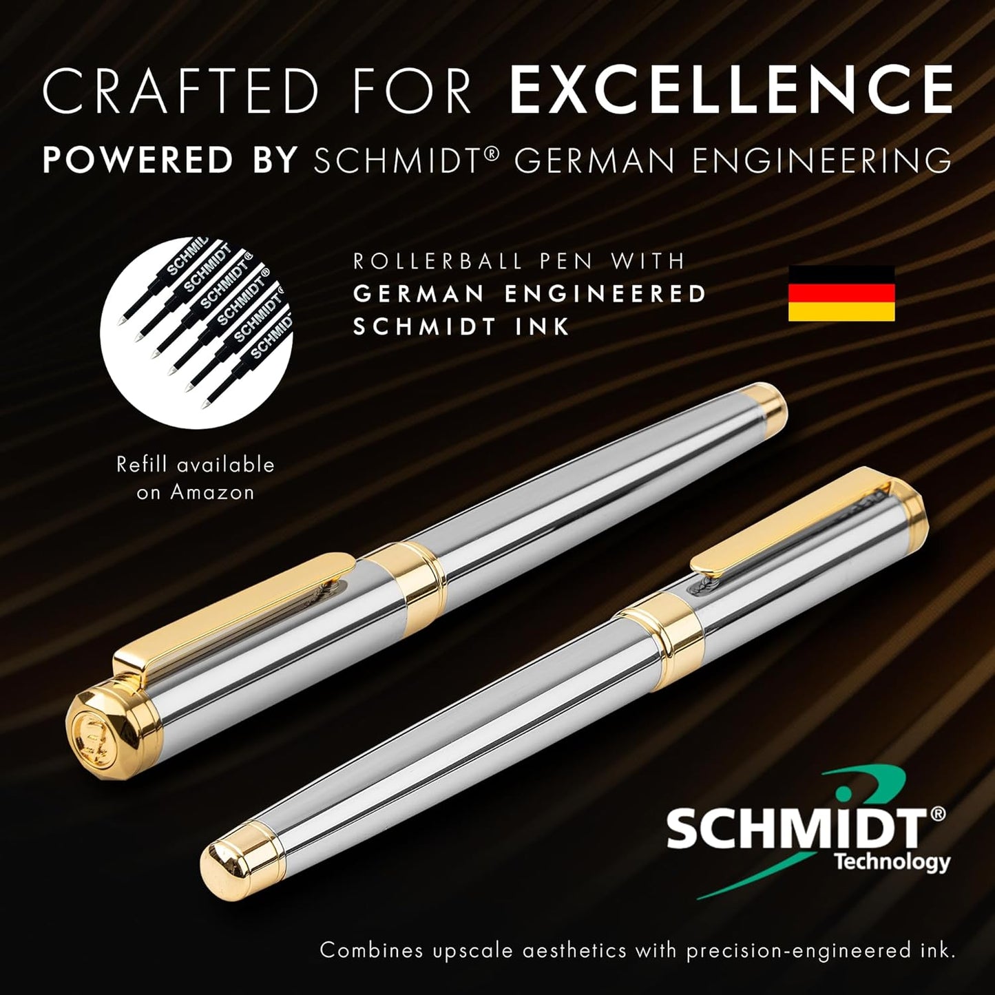 ELIZO Luxury Pen Fancy Real 24K Gold Plated Trim Chrome Silver Nice Pen Gift Rollerball Cool Best Pens Schmidt Ink EDC Pen Executive Smooth Writing Pens for Men Women