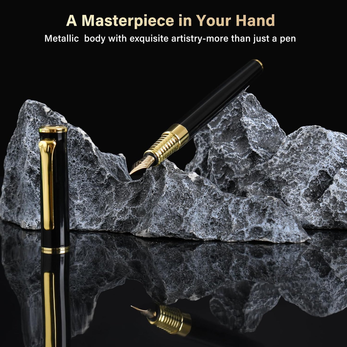 Black Fountain Pen Set, Medium Nib, Includes 10 Ink Cartridges, 2 Ink Refill Converter and Premium Gift Box, Luxury Pen Perfect for Men and Women