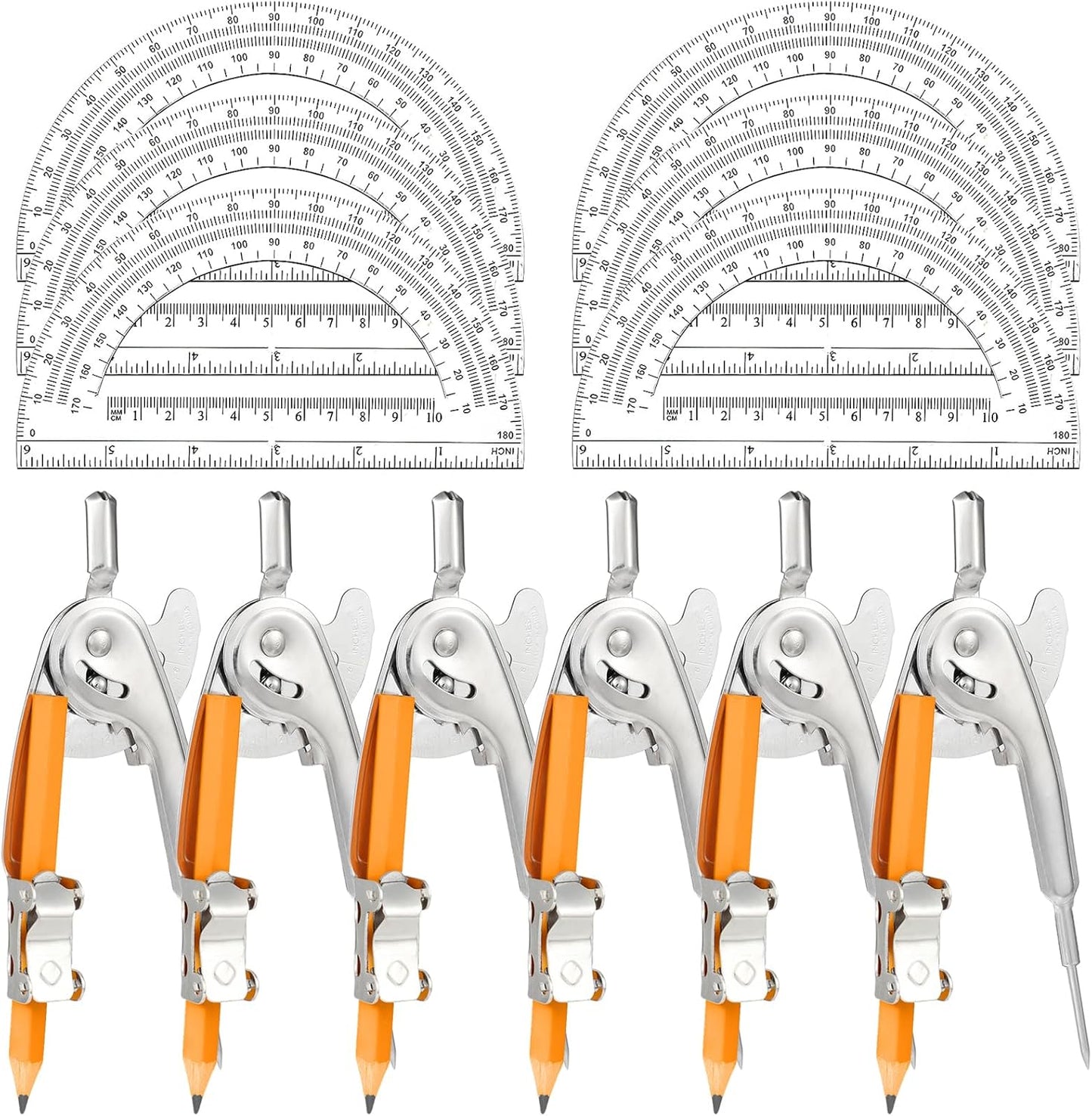 12 Pack Geometry Tool Set, Math Compass for Geometry and 6 Inch Protractor Set Include Metal Compass with Pencil and Clear Plastic Protractor for Student Classroom Office Woodworking Art Drawing
