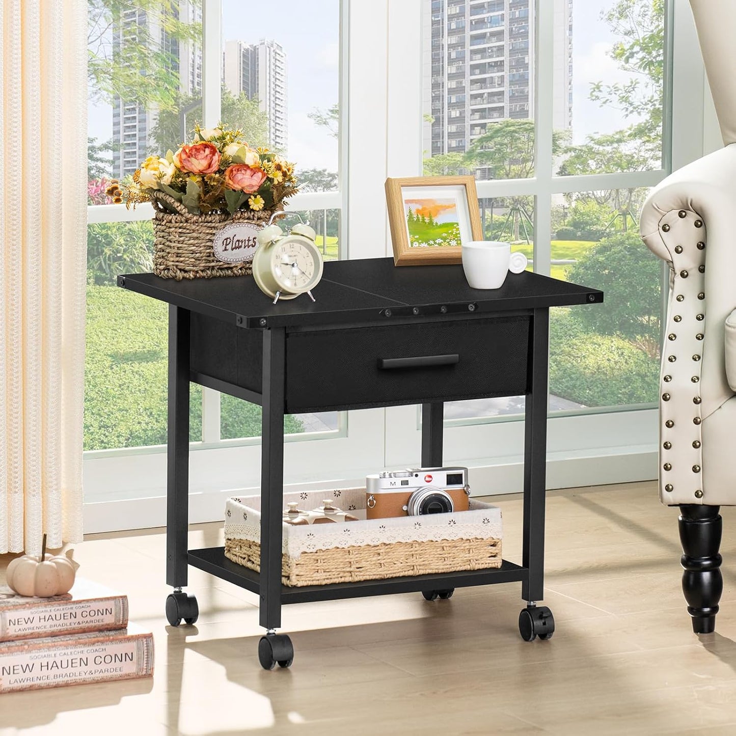 Lerliuo Under Desk Rolling Printer Stand with Drawer, 2-Tier Industrial Mobile Printer Table Desk with Storage Shelf and Steel Frame, Printer Cart Holder with Lockable Wheels for Home, Office (Black)