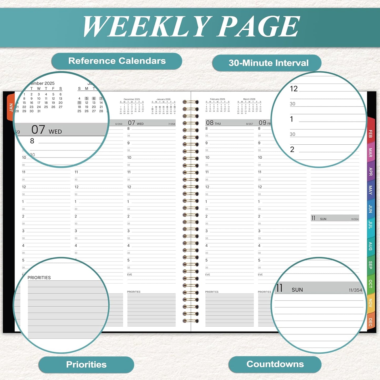 2026 Appointment Book - 2026 Planner, January 2026 - December 2026, 9" x 11", 2026 Daily Hourly Planner, Half Hour (30 Mins) Interval, Colorful Monthly Tabs, Lay-Flat, Inner Pocket
