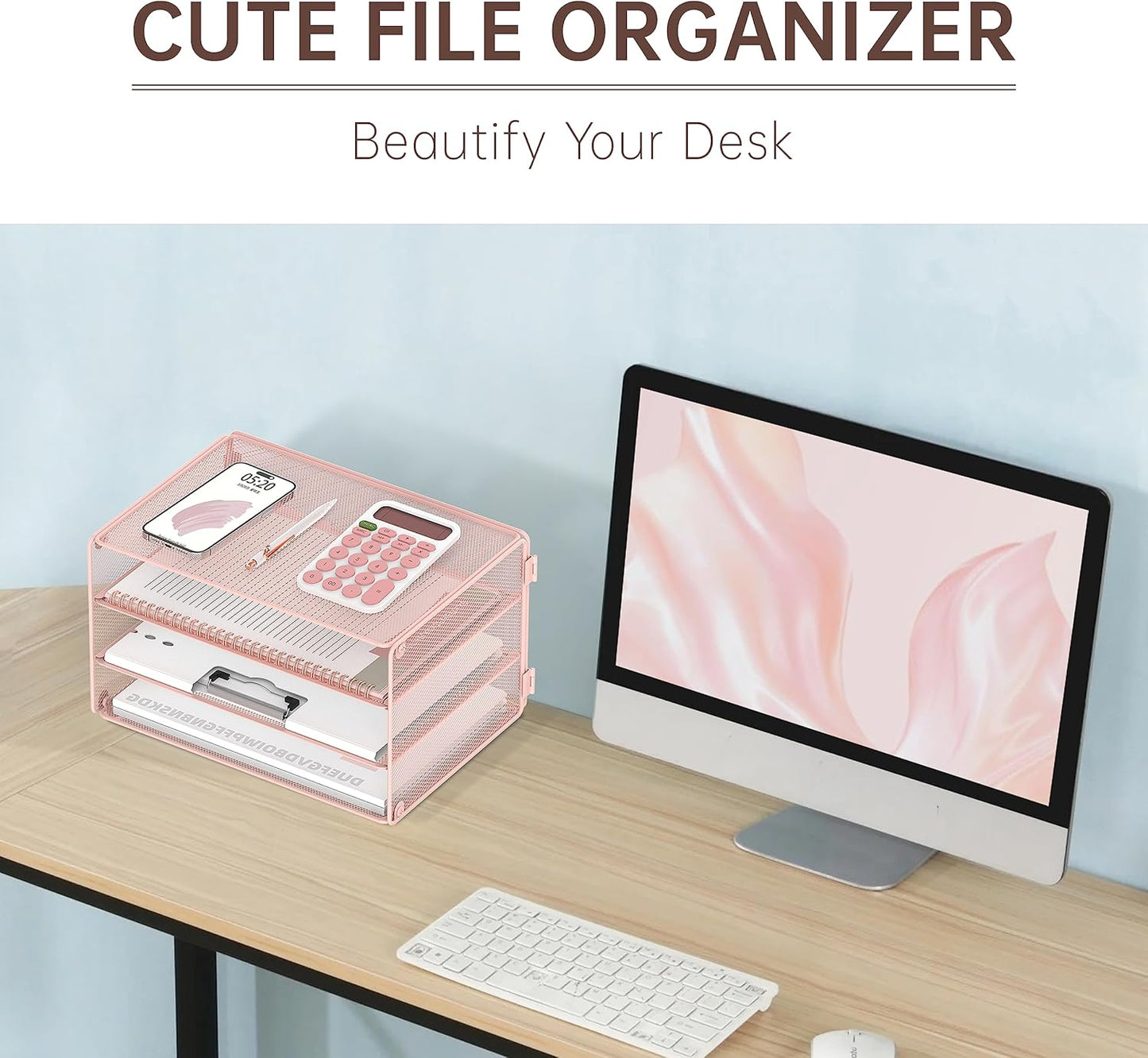 DALTACK 3 Tier Letter Tray Paper Organizer Mesh Metal Desk File Organizer for Home & Office, Pink