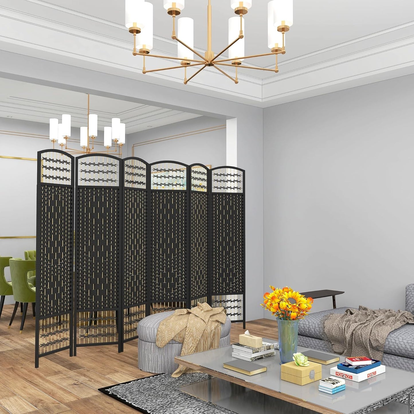 HOMCOM 6 Panel Room Divider, Folding Privacy Screen, 5.6' Room Separator, Wave Fiber Freestanding Partition Wall Divider, Black