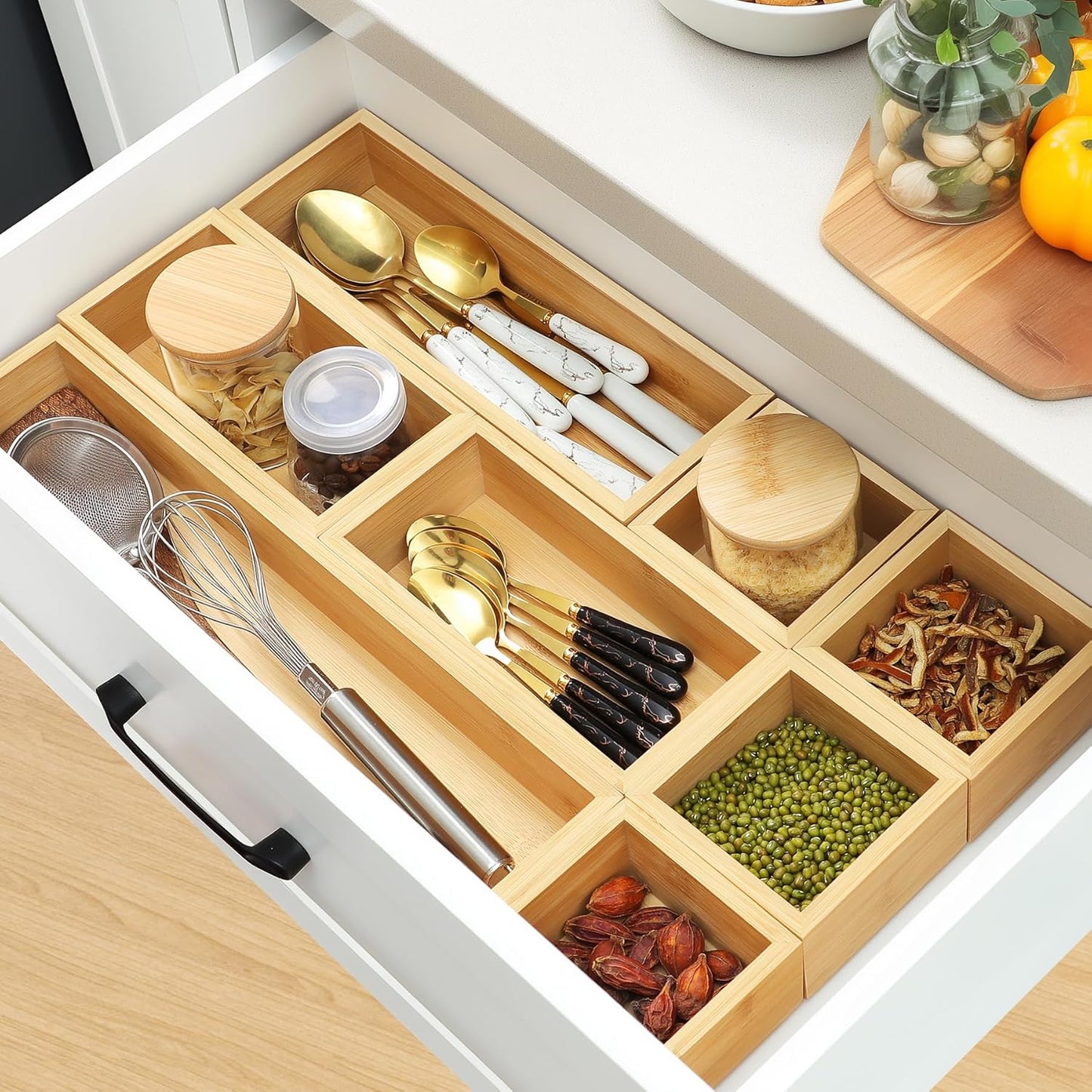 Bamboo Drawer Organizer Set, 9 PCS Multi-Use Individual Wood Storage Organizers, Junk Drawer Divider and Storage Trays Containers for Kitchen, Bathroom, Office Desk, Makeup, Jewelry, Utensils