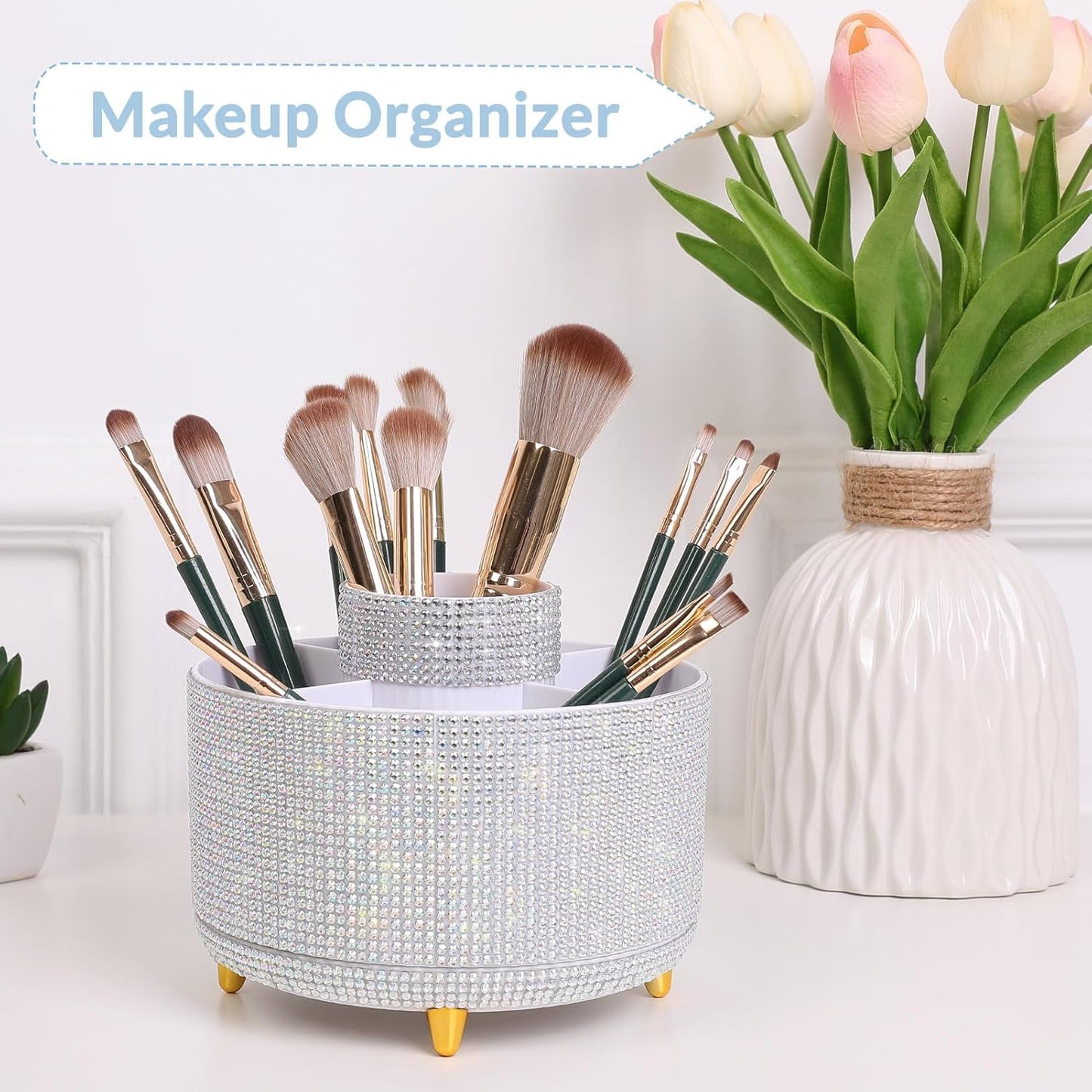 SKYDUE 360 Degree Rotating Desk Organizer, Shining Dual-Purpose Rhinestone Pencil Pen Holder, Rotating Desk Pen Organizer with 5 Slots, Rhinestone Pencil Cup for Office, School, Home