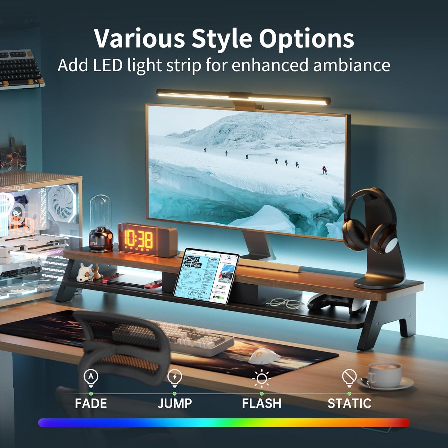 Dual Monitor Stand Riser,LED 2-Tier 39.3 Inch Computer Monitor Stand for 2 Monitors,Office Desktop Organizer with Storage Drawer and Phone Holder for Laptop,PC,Computer,Printer,Walnut