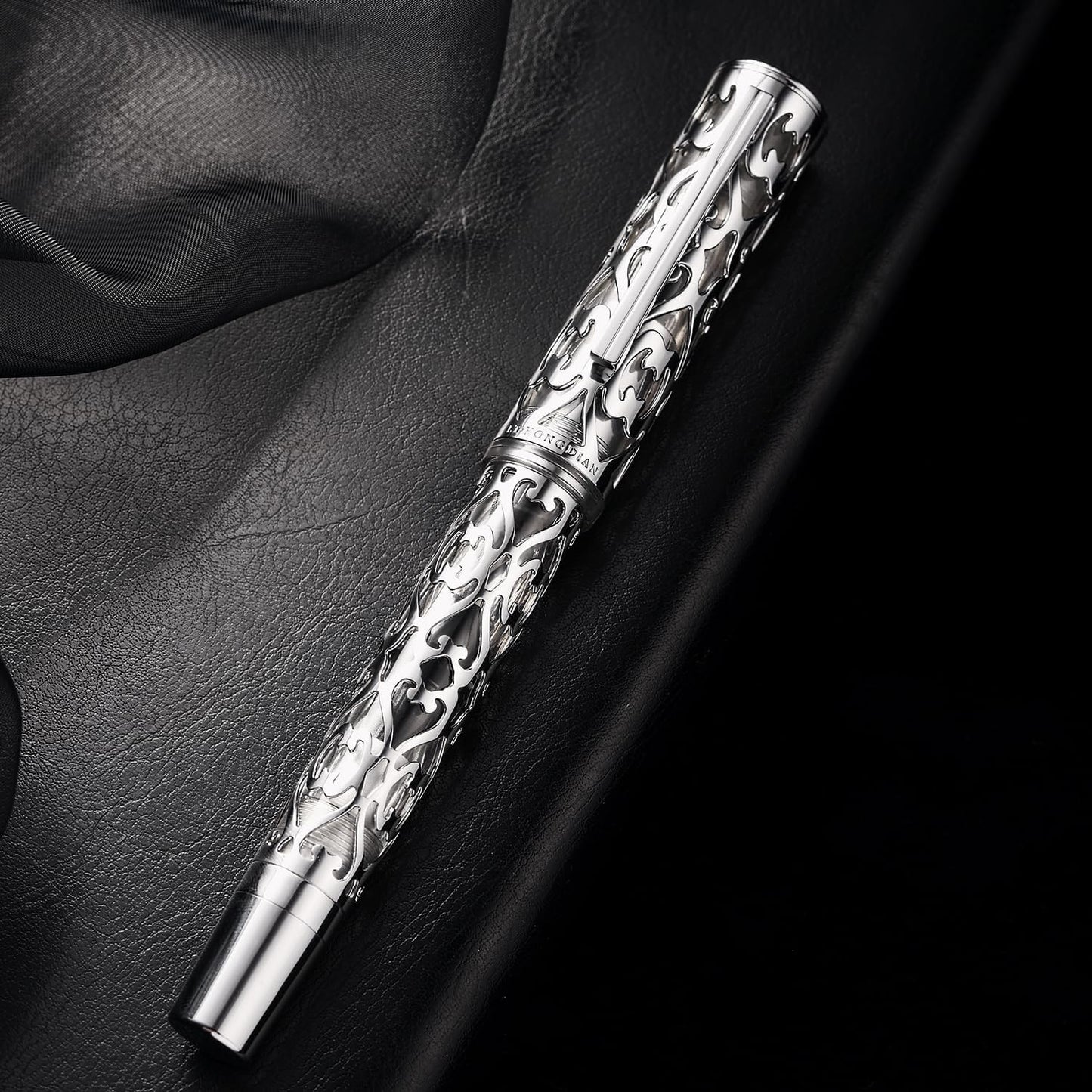 Hongdian D1 Piston Fountain Pen Fine Nib, Hollow Skeleton & Resin with Metal Case Set (Silver)