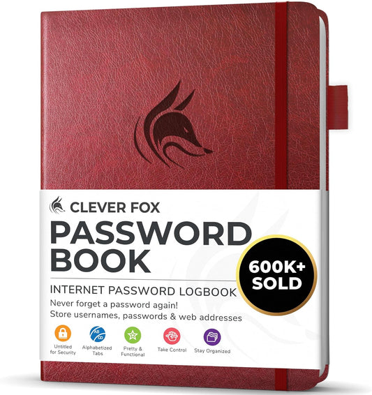 Clever Fox Password Book with alphabetical tabs. Internet Address Organizer Logbook. Small Pocket Password Keeper for Website Logins (Wine Red)