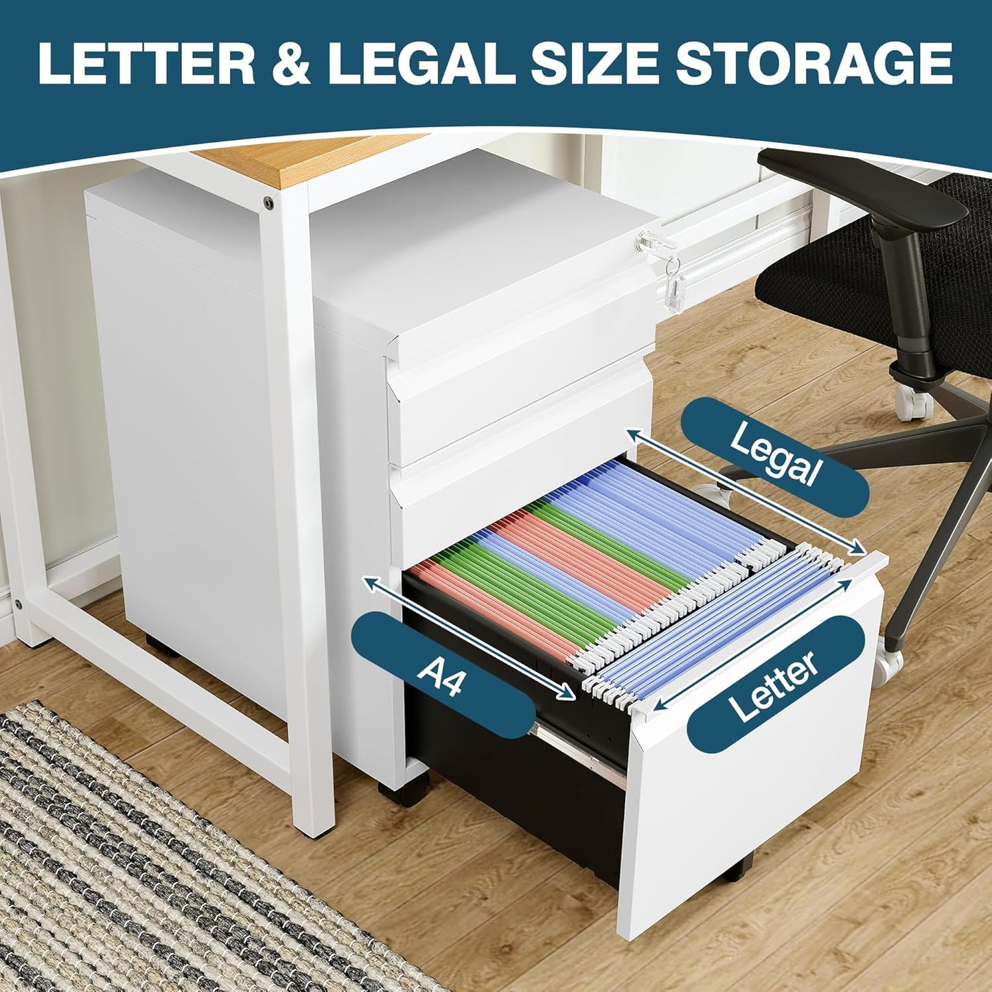 MIIIKO 3 Drawer File Cabinet on Wheels, Home Office Mobile File Drawers Under Desk, Full Assembled White Filing Cabinets with Lock for Legal/Letter/A4 File Folders