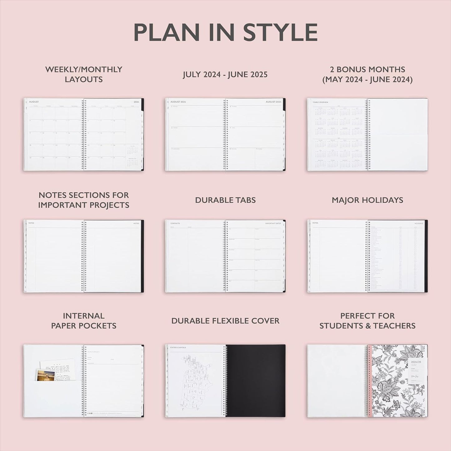 Blue Sky 2024-2025 Academic Year Weekly and Monthly Planner, 8.5" x 11", Flexible Cover, Wirebound, Analeis (130606-A25)