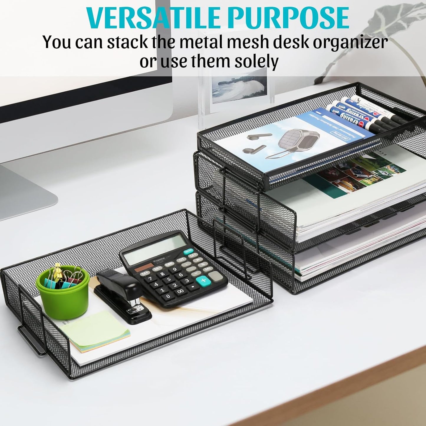 Office Drawer Organizer, 2 Tiers Stackable Paper Tray Organizer for Desk, Standing Papers File, Black Mesh/Office File Collation