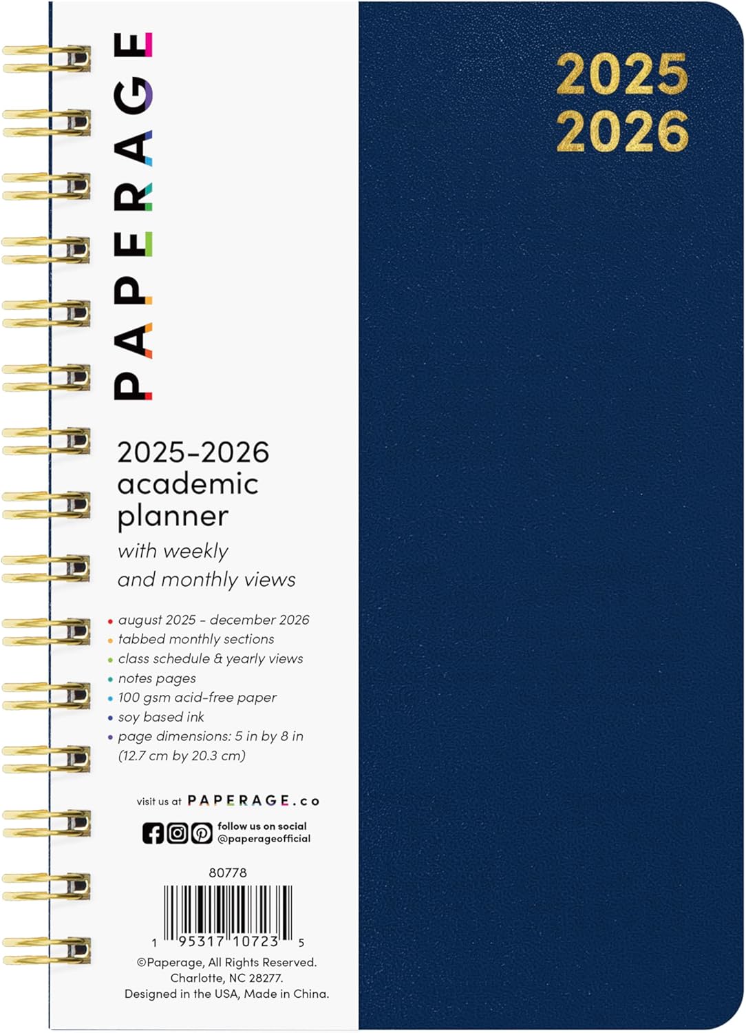 PAPERAGE 17 Month Academic Planner 2025-2026, Weekly & Monthly Spreads, August 2025 - December 2026, Small (5 in x 8 in), Royal Blue