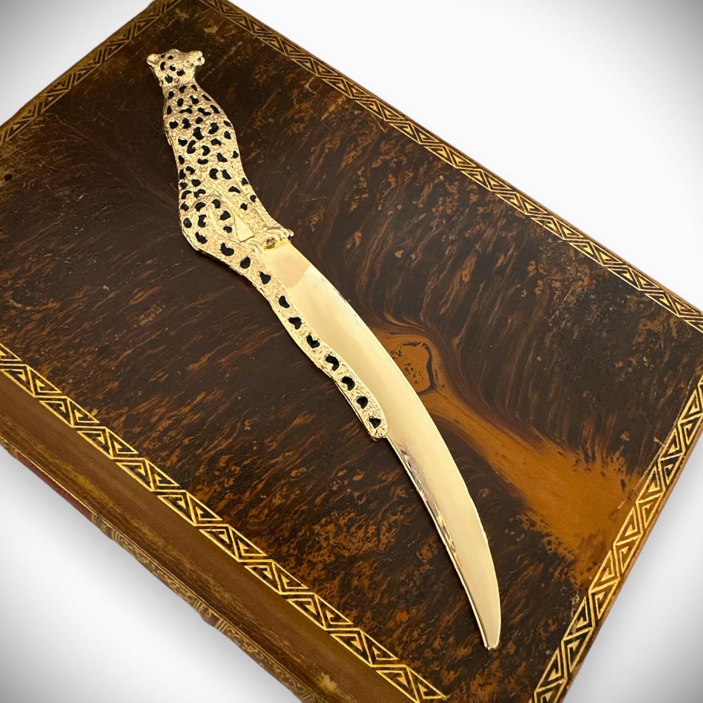 Premium Leopard Letter Opener | Gold & Black Electroplated Desk Accessory for Home, Office | Mail Opening Tool for Women & Men | Velvet Gift Bag | 7.5 Inch Long