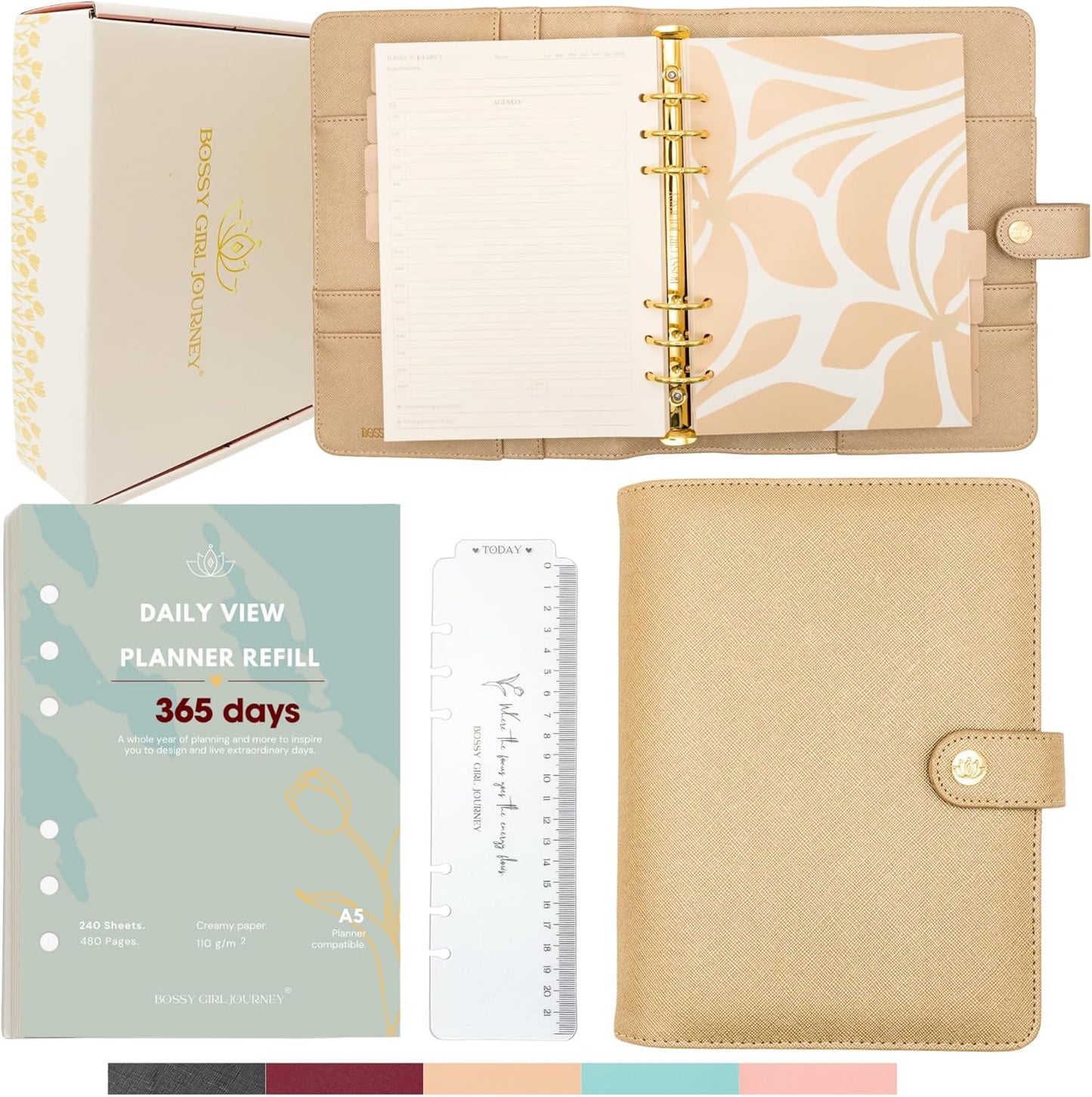 Bossy Girl Journey - A5 Daily Planner Binder – Undated Time Blocking Refillable Organizer for Women with 110gsm Paper, PU Leather Cover, Stickers, Dividers, Pen Loop, Gift Box – Goal Setting & Productivity (Gold)