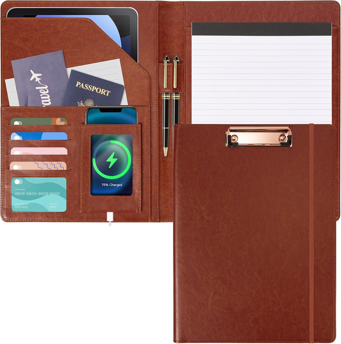 Brown Leather Portfolio Organizer Clipboard Storage Folio Padfolio for Men Notepad Notebooks for Work