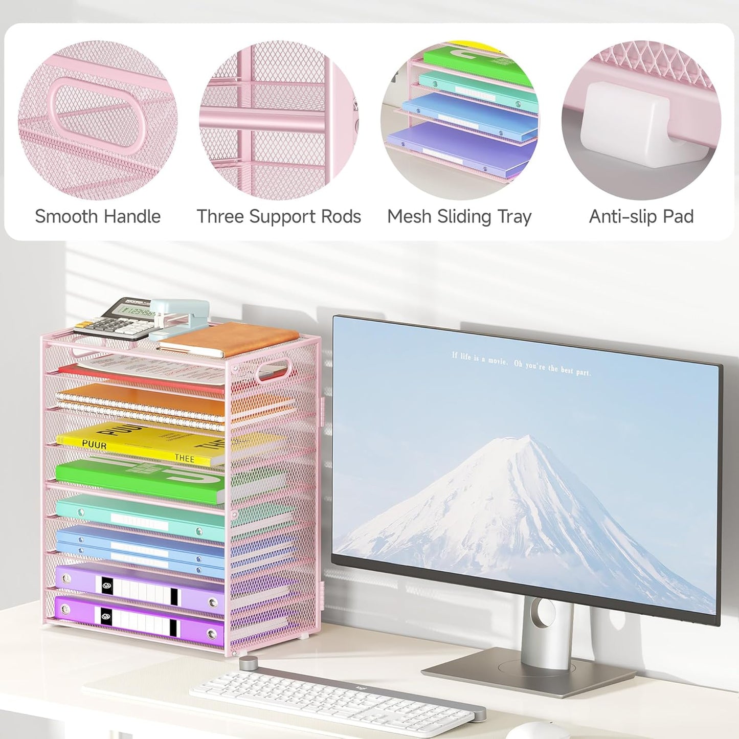 9 Tier Paper Organizer with Handle, Large Capacity Desk Organizer Mesh Paper Letter Tray File Folder Document Sorter for Classroom and Office Accessories Organization- Pink (2 Pack)