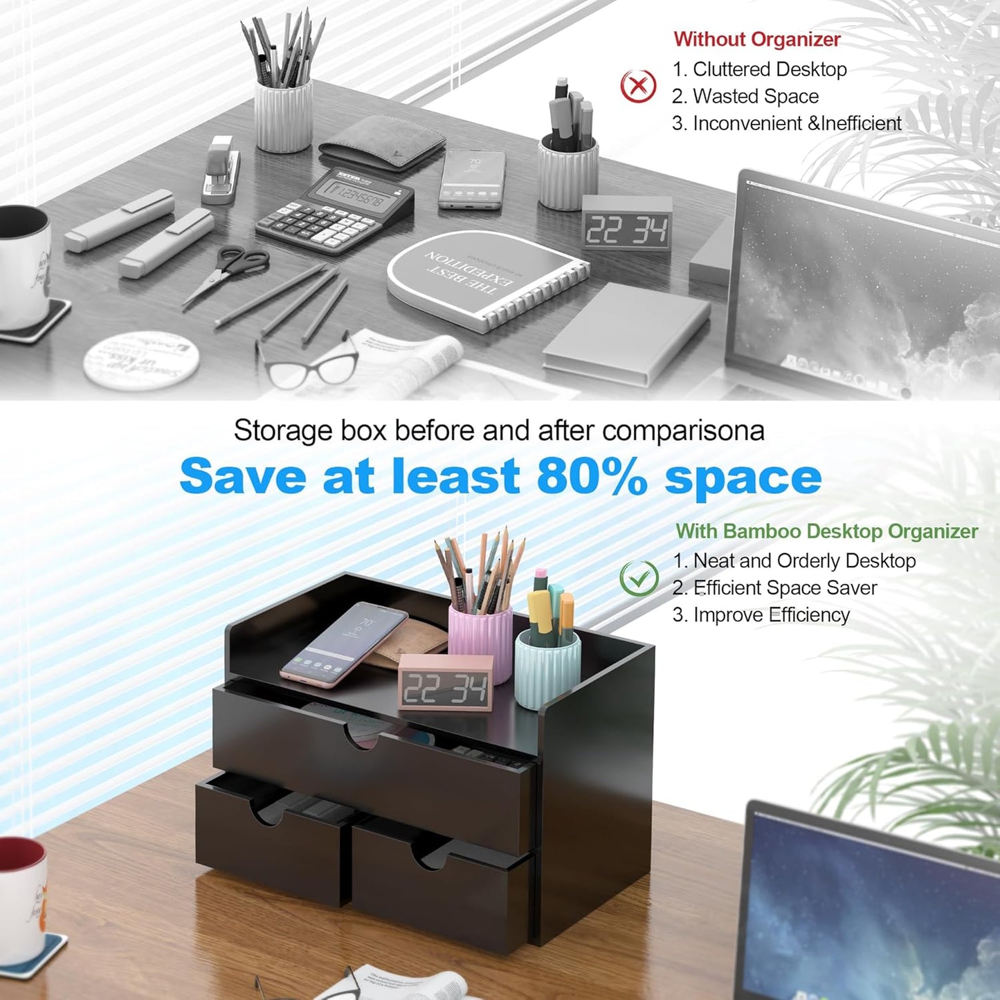 Bamboo Desk Organizer with Drawers Desktop Storage Drawers for Bills Office Supplies Kitchen Utensils Organizing Tool for Home Classroom Organization No Assembly (Black with Shelf)