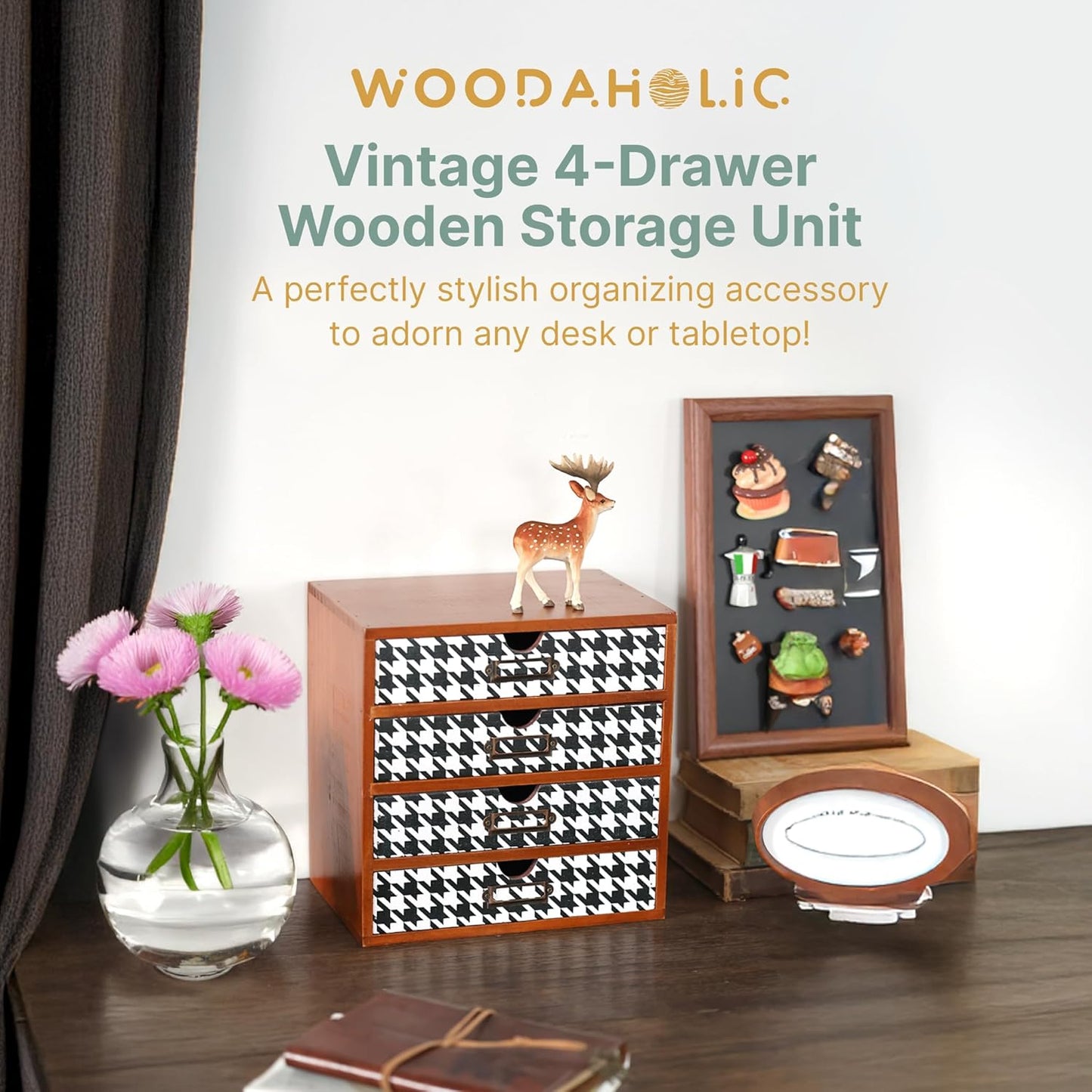 Houndstooth Pattern Wooden Desk Organizer - 4-Drawer Desktop Storage - Modern & Rustic Wood Cabinet for Office Supplies, Craft Tools, & Home Organization - Elegant Drawer Unit