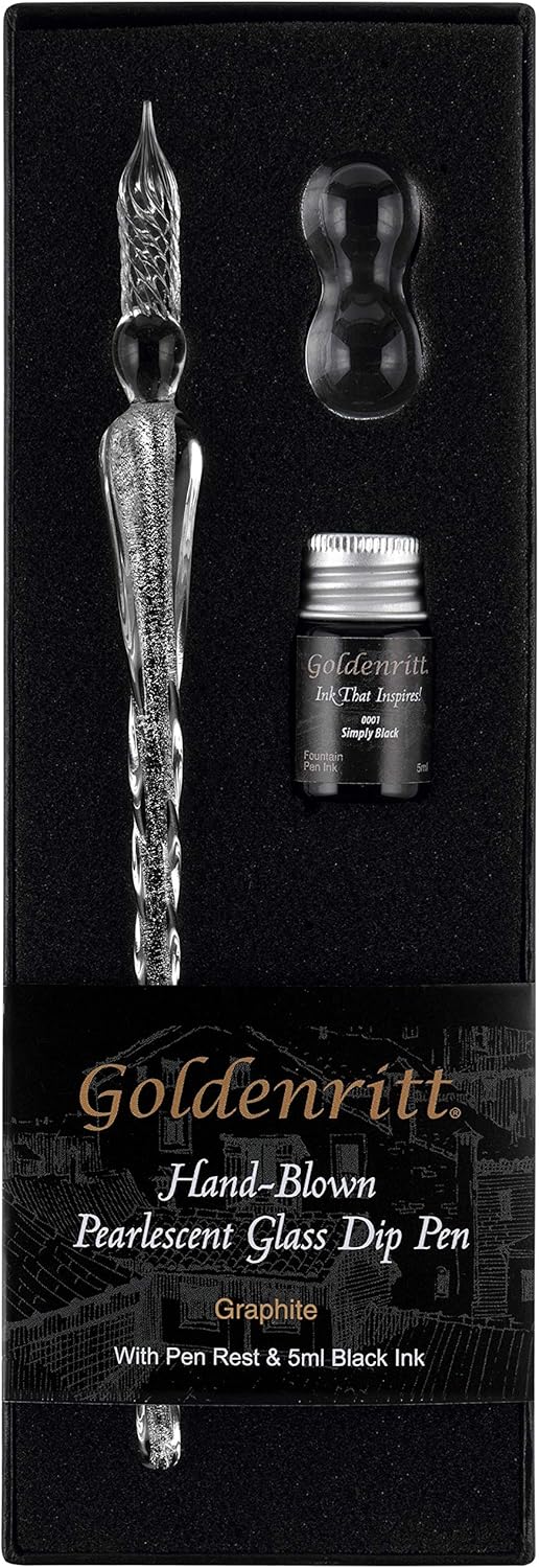 Hand-blown Crystal Glass Dip Pen for Writing, Drawing, Signatures, Hand Lettering and Art, Includes Pen Rest and Black Ink - Gift Box Set - Graphite