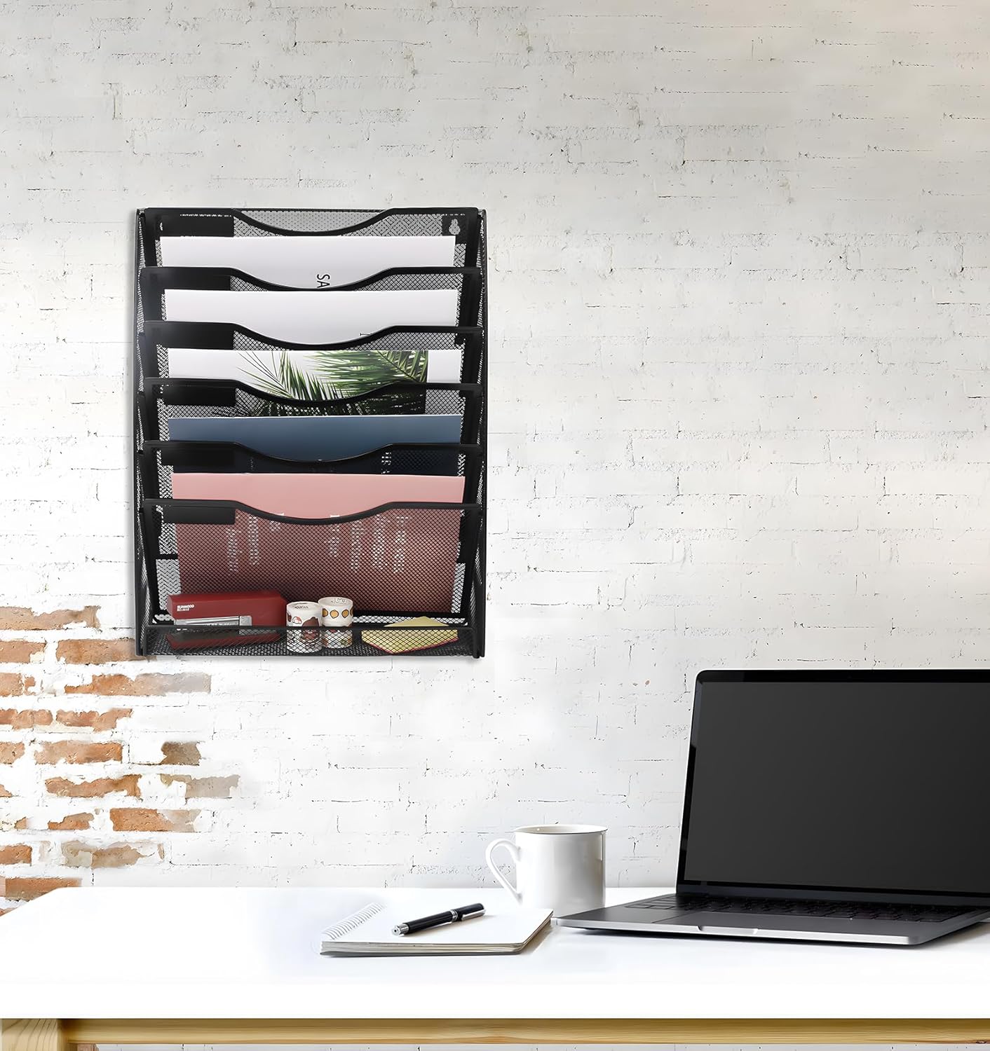 EasyPAG Wall File Holder Organizer 7 Tier Mesh Hanging Wall Mounted Document Paper Folder Filing Magazine Rack with Nametag Label for Office Home School, Black