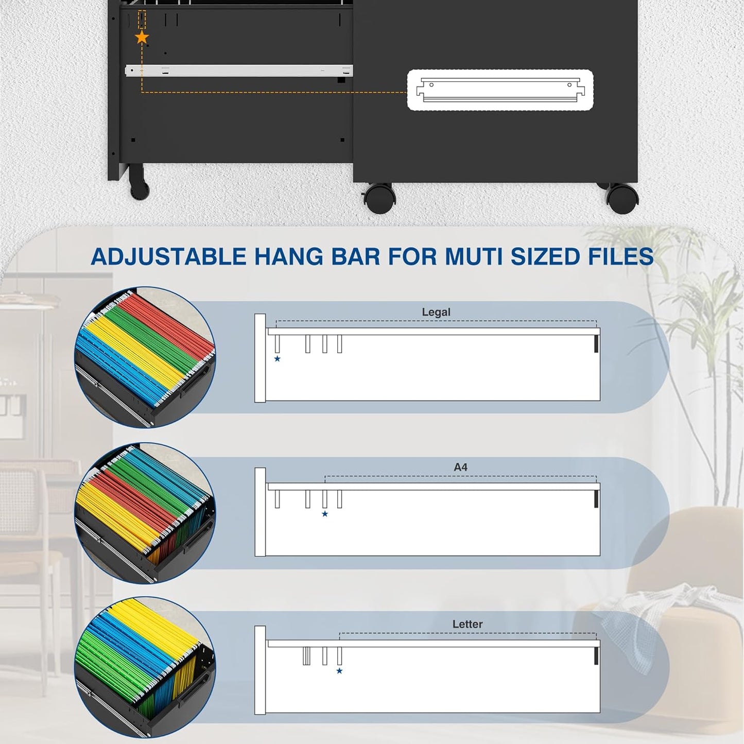 3 Drawer Vertical File Cabinet, Mobile Filling Cabinets with Lock for Legal/Letter Size, Pre-Built Office Storage File Cabinet with Wheels Under Desk - Fully Assembled