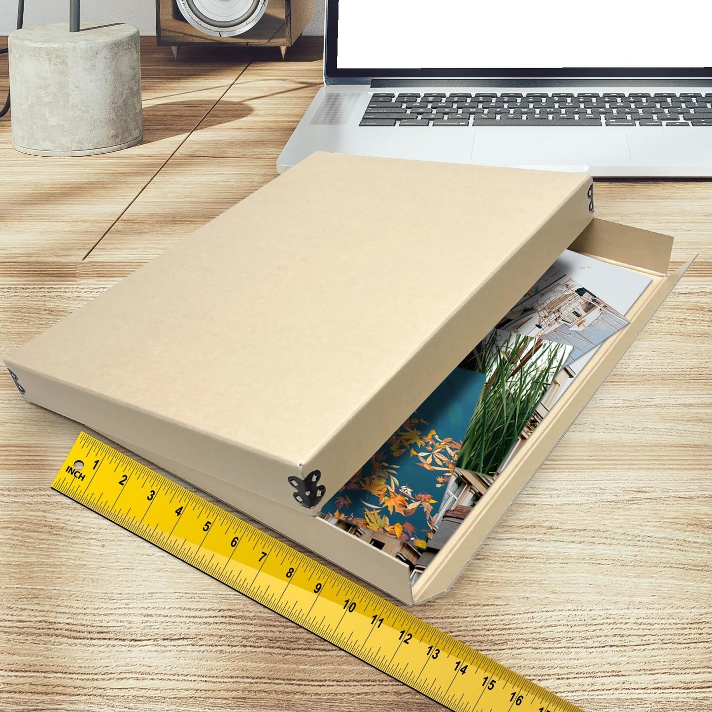 Golden State Art, Archival Storage Box, Acid-Free Drop Front Museum Box with Metal Edge for Storing Artwork Photos Documents Prints Arts And Crafts (Tan-11.75x14.75x1.5 Inches)