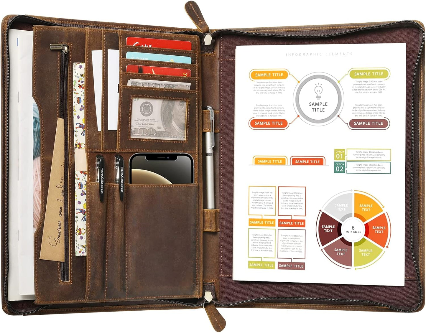 Ringsun Genuine Leather Portfolio with Zipper, Business Organizer for A4/Pad/Phone, Brown, RS63