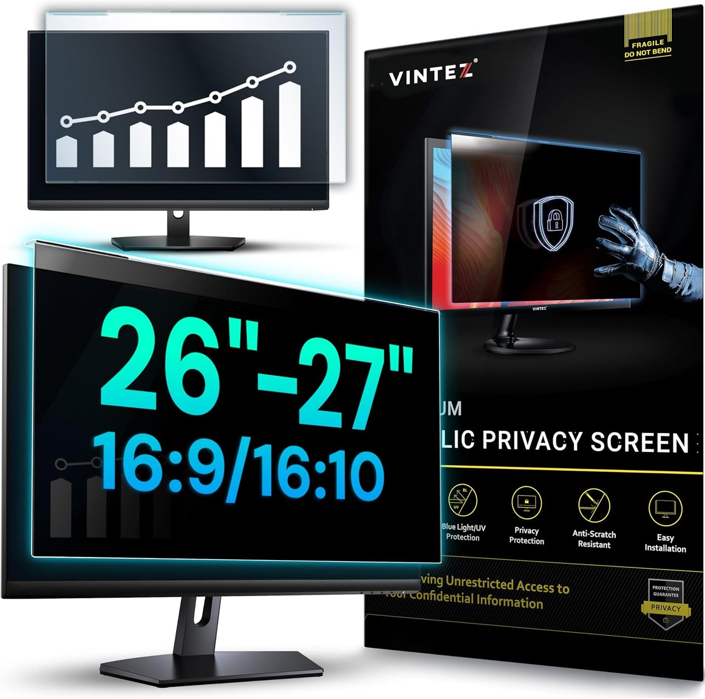 Universal Acrylic 26, 27 Inch Computer Privacy Screen Filter for Widescreen Computer Monitors - 24.1" x 15.1" (612 x 384 mm) - Monitor Frame Hanging Type