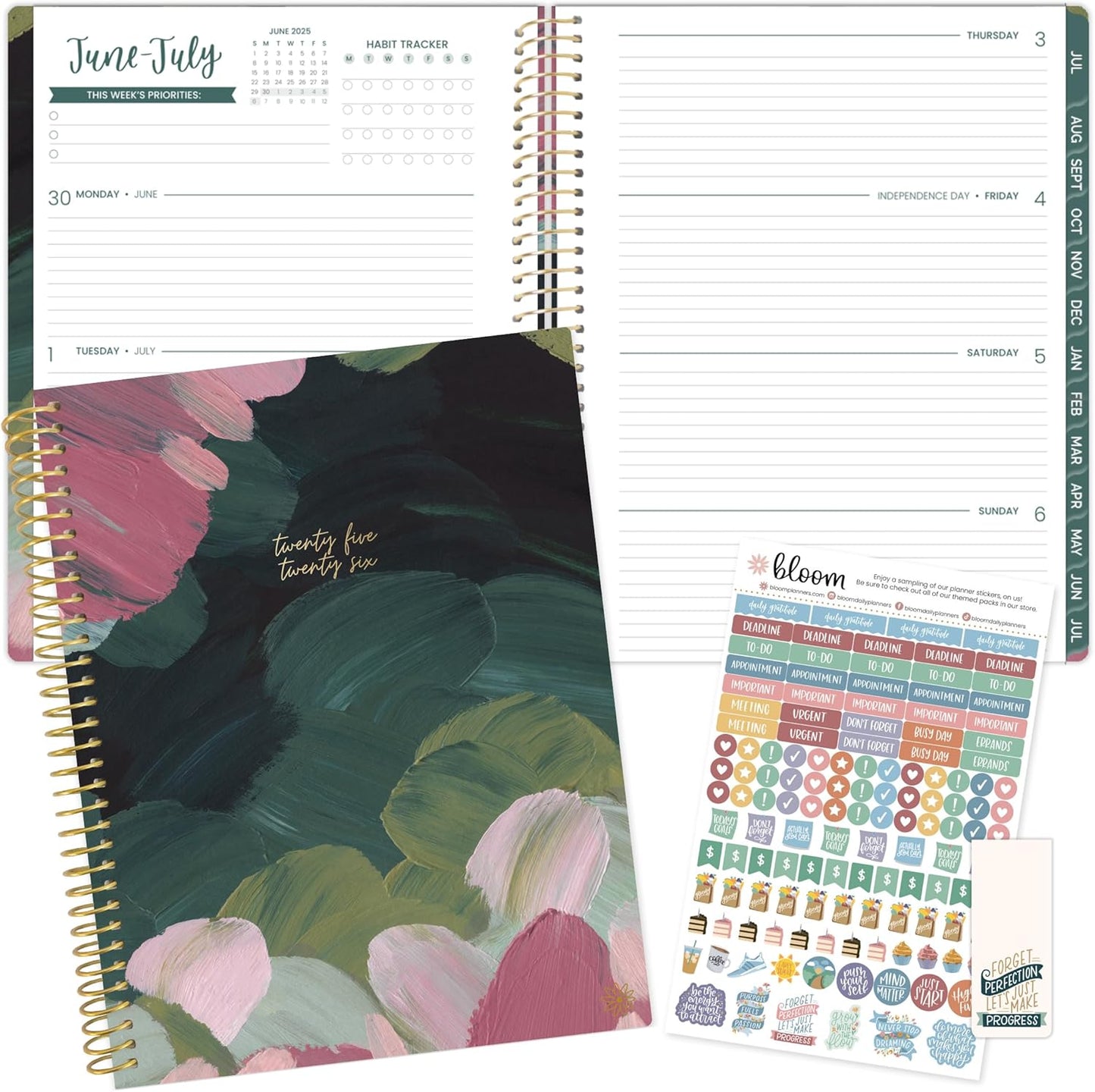 bloom daily planners 2025-2026 (8.5" x 11") Academic Year Day Planner (July 2025 - July 2026) - Weekly & Monthly Dated Agenda Organizer with Stickers & Tabs - Emerald Paint Strokes