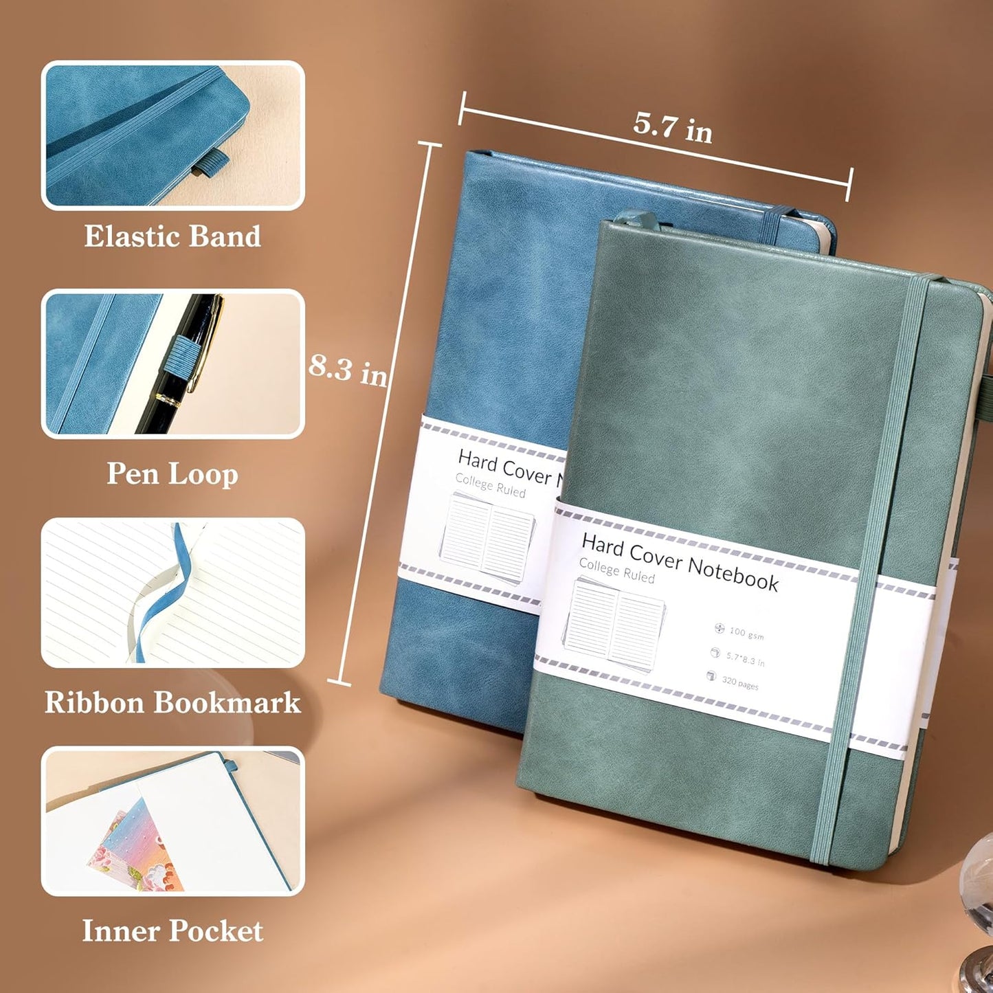 CAGIE Journals Notebooks for Women Men 2 Pack: Journaling Notebooks Journals for Writing Work Leather Diary Hardcover A5 Thick Note Taking Green& Blue