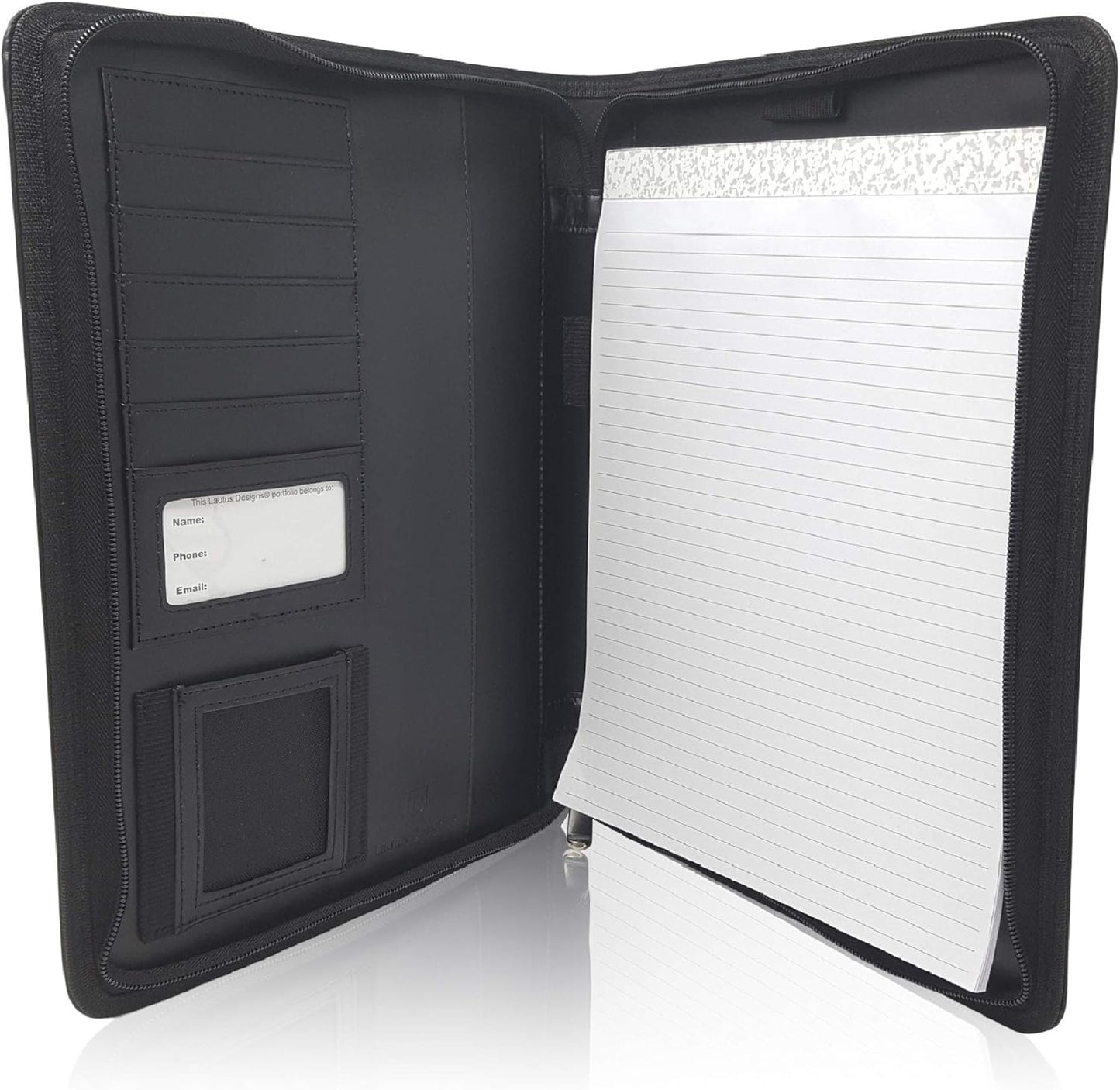 Matt Black Zippered Portfolio Binder - Lean PU Leather Business Executive Portfolio Organizer Folder - Padfolio for Men & Women with US Letter Notepad & Gift Box by Lautus Designs