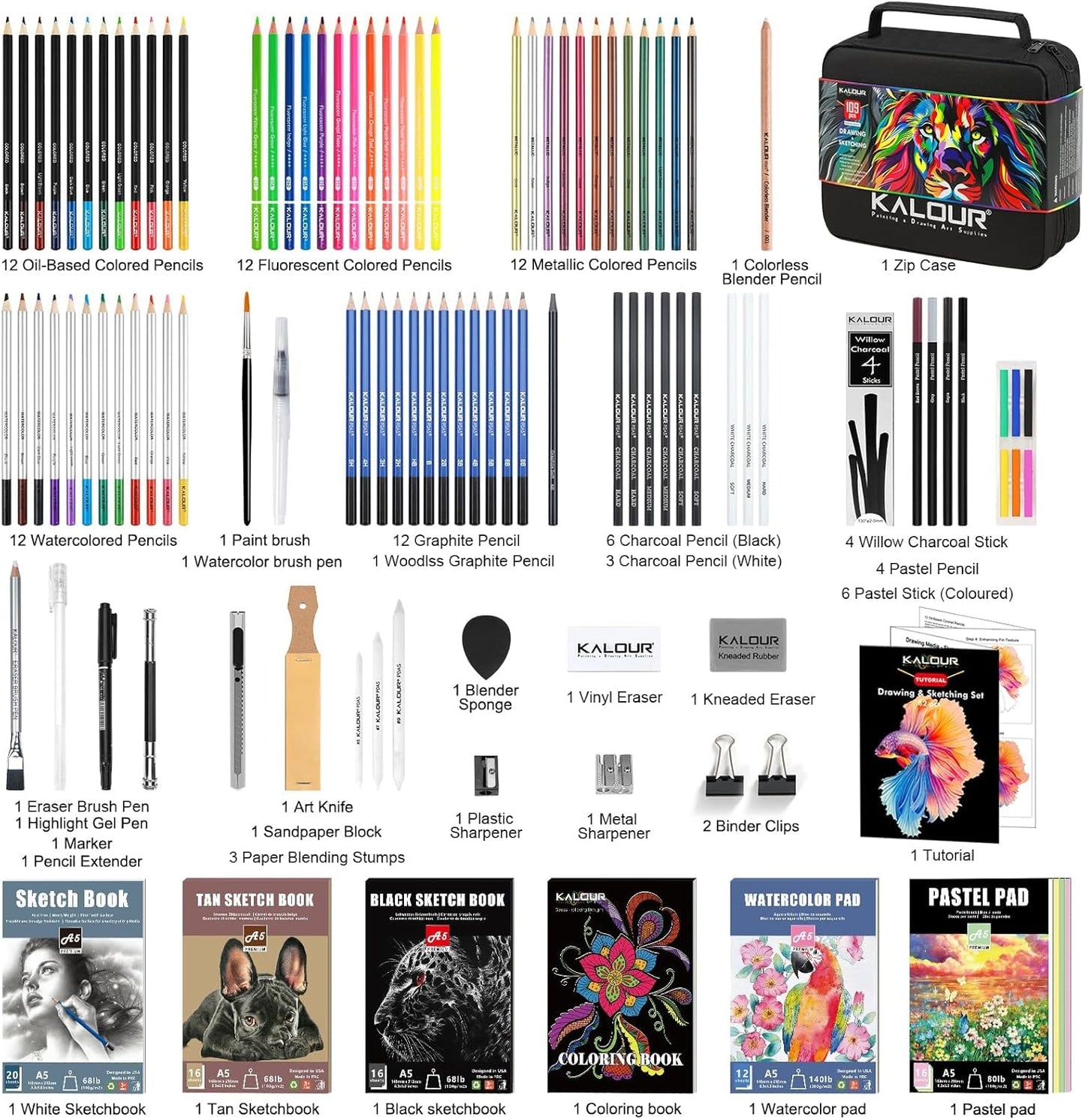109 Drawing Set Sketching Kit, Pro Art Supplies with Fluorescent, Colored, Watercolor, Metallic, Graphite, Charcoal Pencils, 5 Sketchbook and Coloring Book, Gift for Artists Adults Teens Beginner