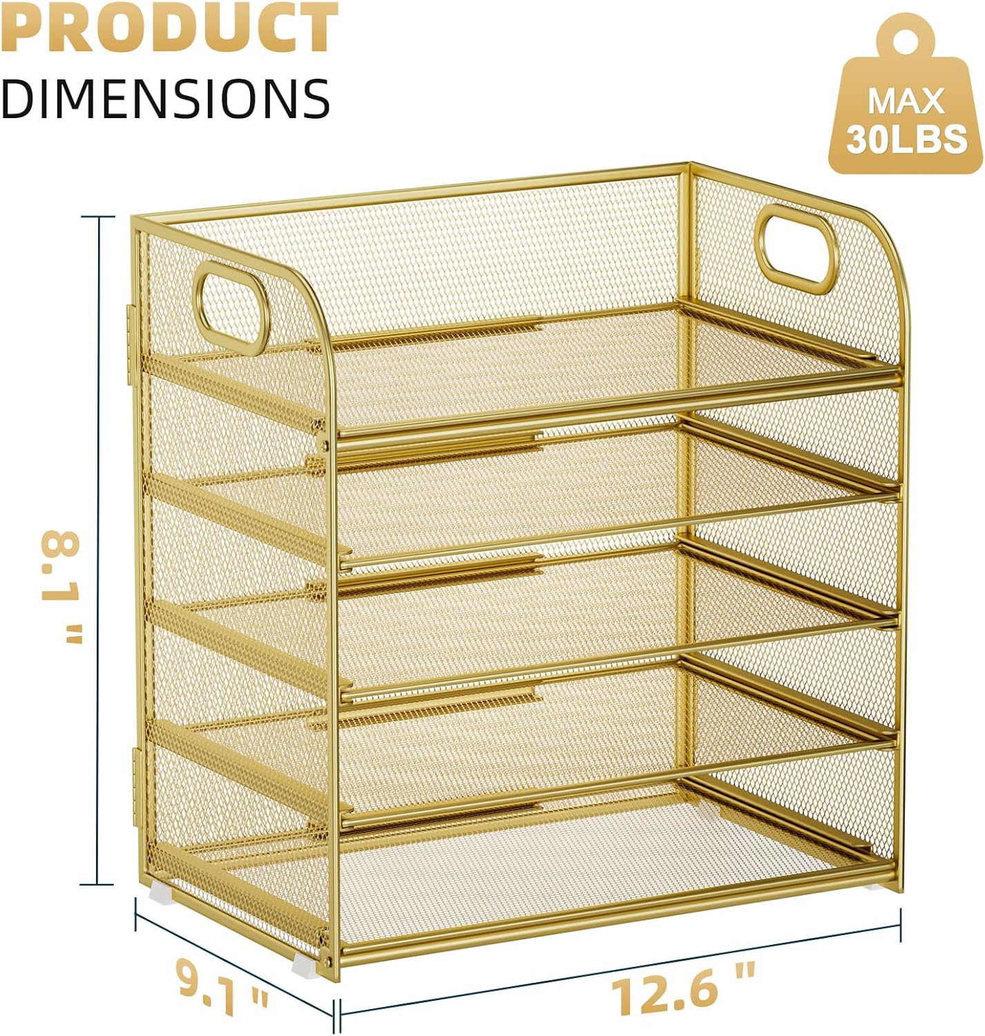Marbrasse Paper Organizer Letter Tray, 5 Tier Mesh File Organizer with Handle, Paper Sorter Desk Organizer for Home Office Supplies - Gold
