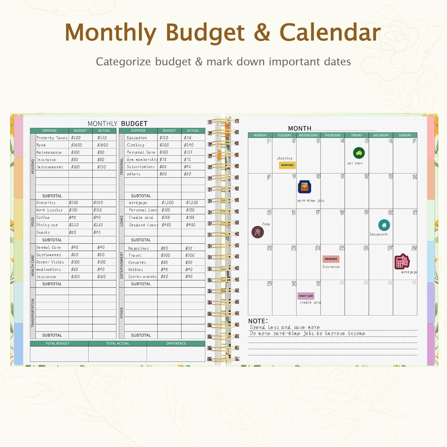 Ospelelf Budget Planner - Monthly Budget Book with Expense Tracker Notebook, Undated 12 Month Bill Organizer & Finance Planner, A4 Account Book with 12 Index Pockets, Zipper Pouch, Stickers Floral 1