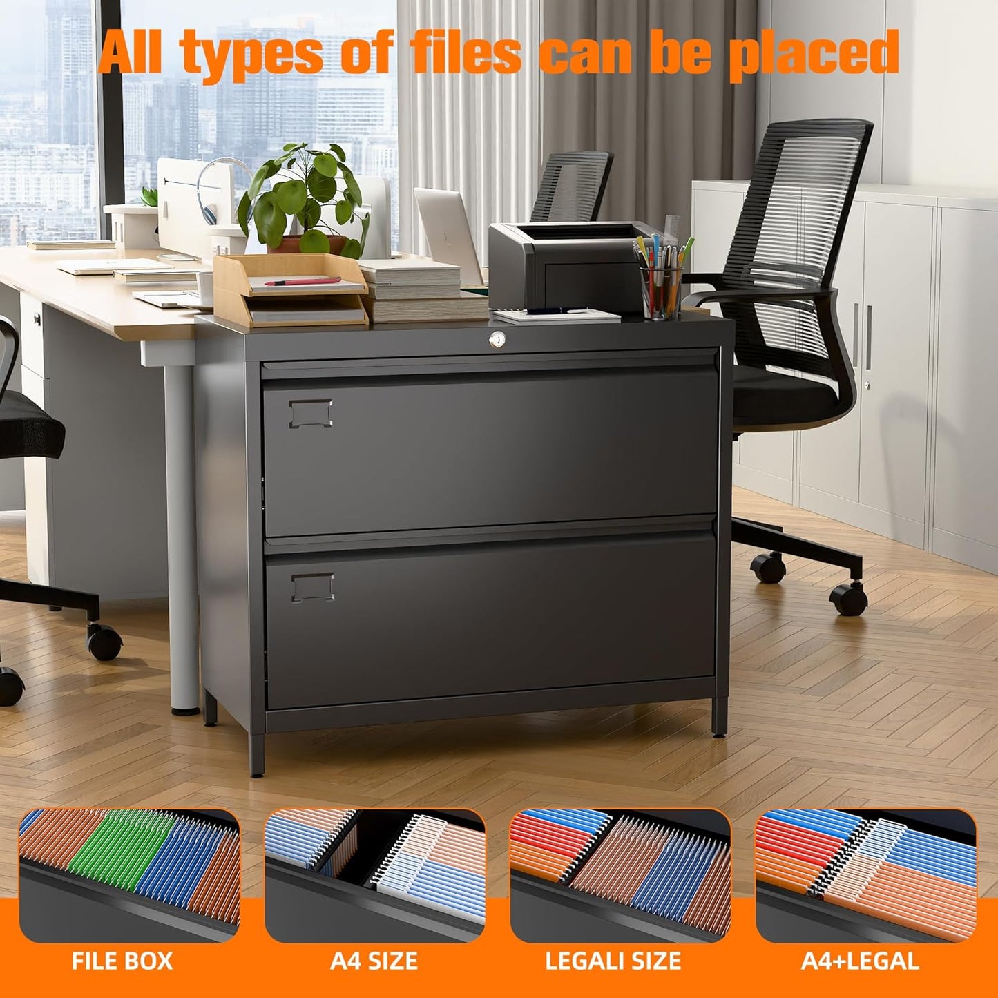 Lateral File Cabinet with 2 Drawers, Metal Wide Lateral Filing Cabinet with Lock for Hanging Files Letter/Legal/F4/A4 Size for Home Office School, 2 Drawer, Assembly Required, Black