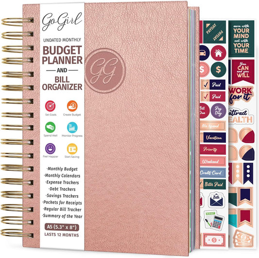 GoGirl Budget Planner & Monthly Bill Organizer – Monthly Financial Book with Pockets. Expense Tracker Notebook Journal, Compact (Rose Gold)
