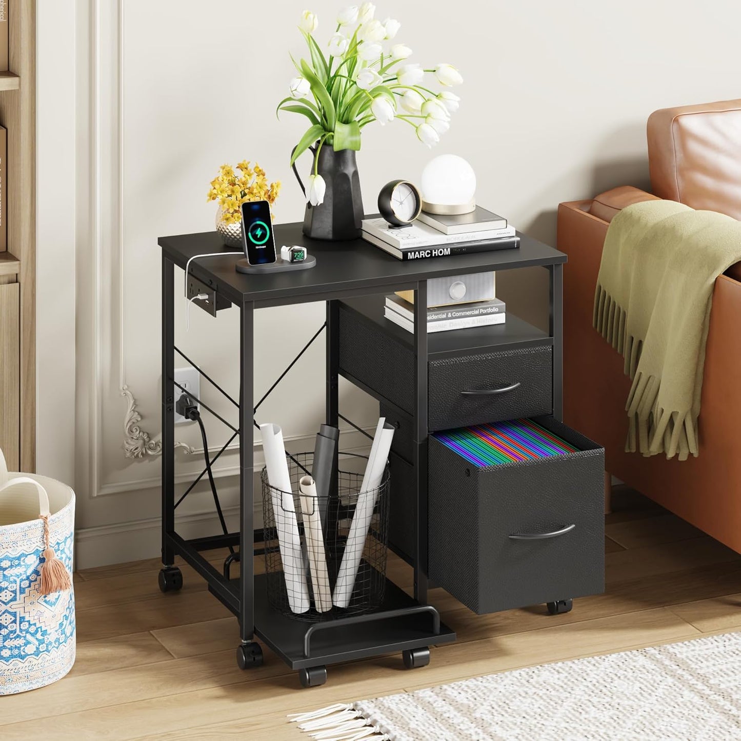 Printer Stand with Power Outlet/Fabric Drawers, Printer Cabinet with Storage Shelf and Rolling Shredder Stand, Printer Table for Home Office, 25.6"×17.7" Black