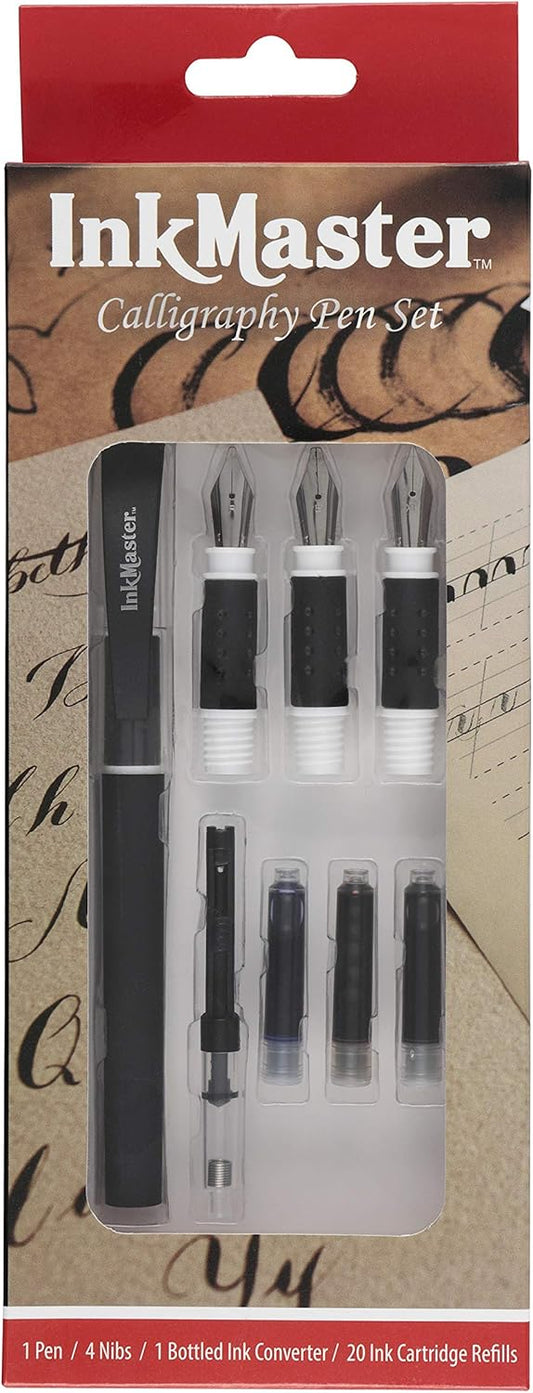 Ink Master Calligraphy Set Fountain Pens 4 Different Size Nibs and 20 Assorted Ink Cartridges Plus One Bottled Converter - Complete Easy Learning Kit for Beginners