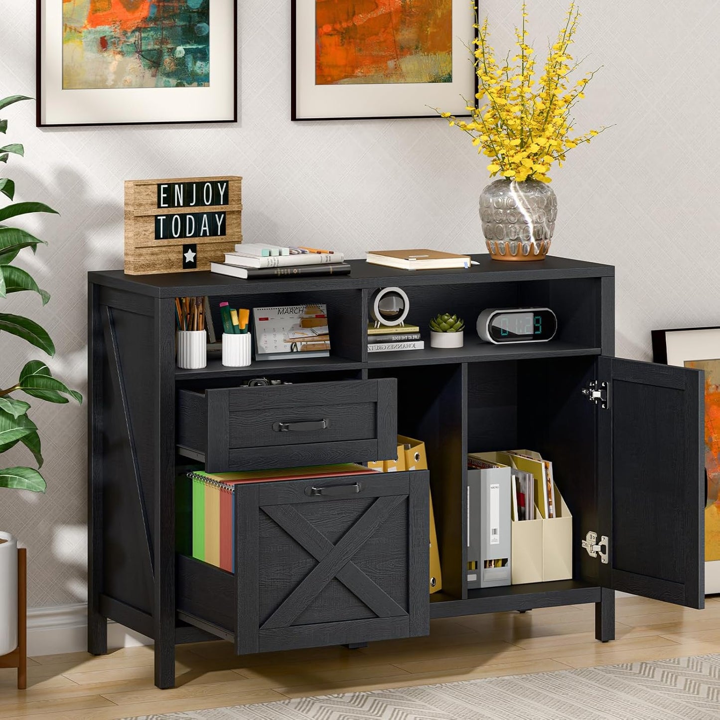 Lateral File Cabinet with 2 Drawers and Door, Farmhouse File Cabinet for A4/Letter Size Hanging Files, Large Wood File Storage Cabinets Printer Stand with Open Space for Home Office Furniture, Black