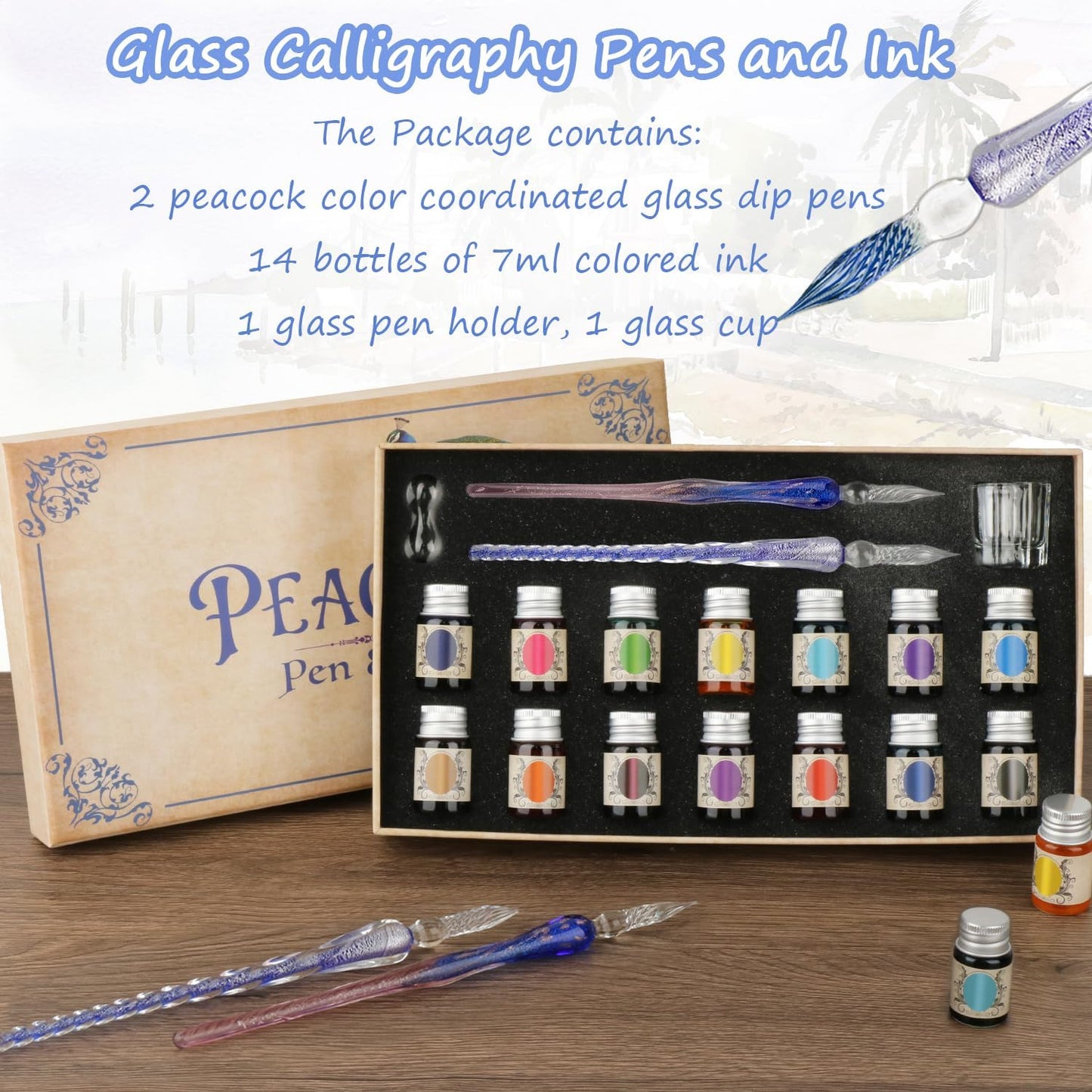 Calligraphy Pens, Dip Pen Set with 14 Color Inks, Glass Writing Instrument for Beginners
