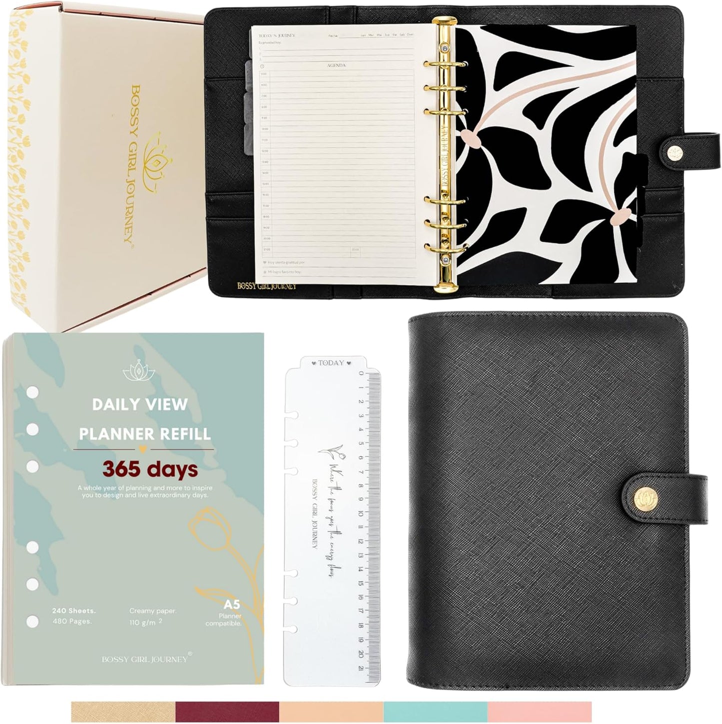 Bossy Girl Journey - A5 Week Undated Daily and Monthly Planner A5 Binder – Goal Setting Productivity Planner 120 Creamy GSM, Habit Tracker, 8 Tabs, Stickers + Bookmark & User Guide - Refillable Organizer for Women