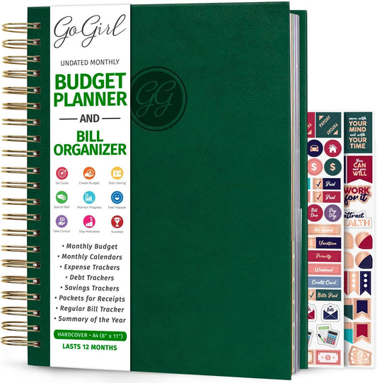 GoGirl Budget Planner & Monthly Bill Organizer – Monthly Financial Book with Pockets. Expense Tracker Notebook Journal, Large (Dark Green)