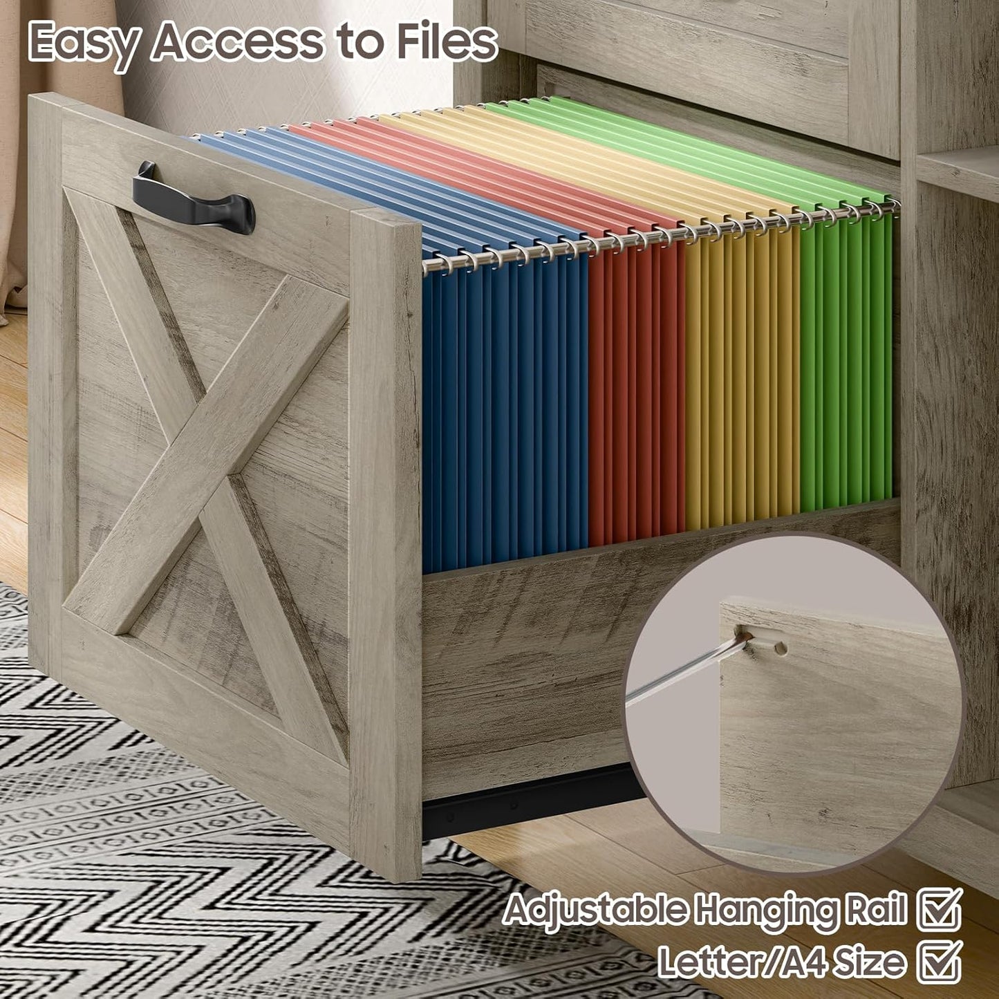 Lateral File Cabinet with 3 Drawers and Door, Farmhouse File Cabinet with Adjustable Shelf for Letter/A4 Size Hanging Files, Printer Stand with Storage Cabinet for Home Office Furniture, Grey