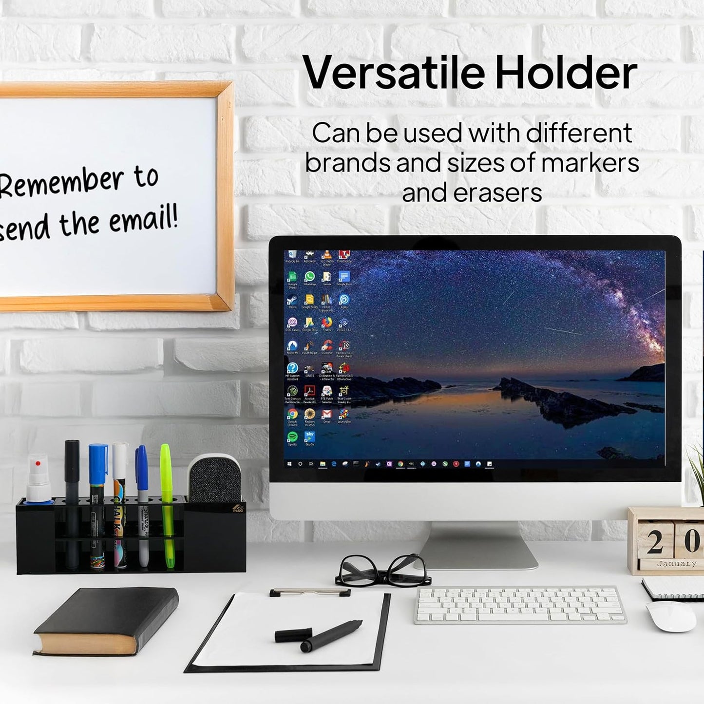 Pk&G Slim Magnetic Dry Erase Marker Holder for Whiteboard, Space Saving Pen Organizer with Glass and Wall Mount Accessories for Fridge, Office, and School. (Black)