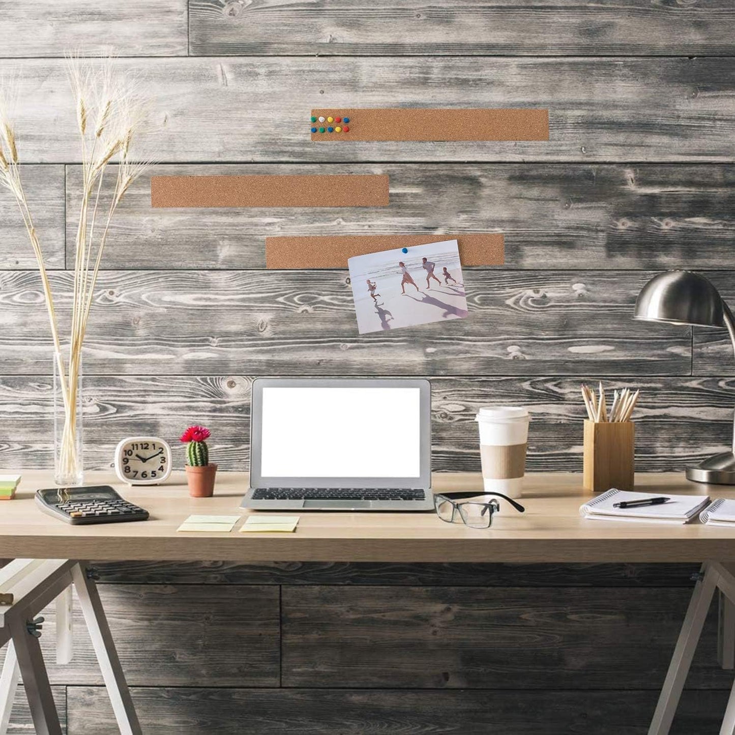 HBlife Cork Board Bulletin Board Bar Strip 8 Pack, 15x2 Inch - 1/2 Inch Thick, Frameless Cork Board Strips with 50 Multi-Color Push Pins, Strong Self Adhesive Backing