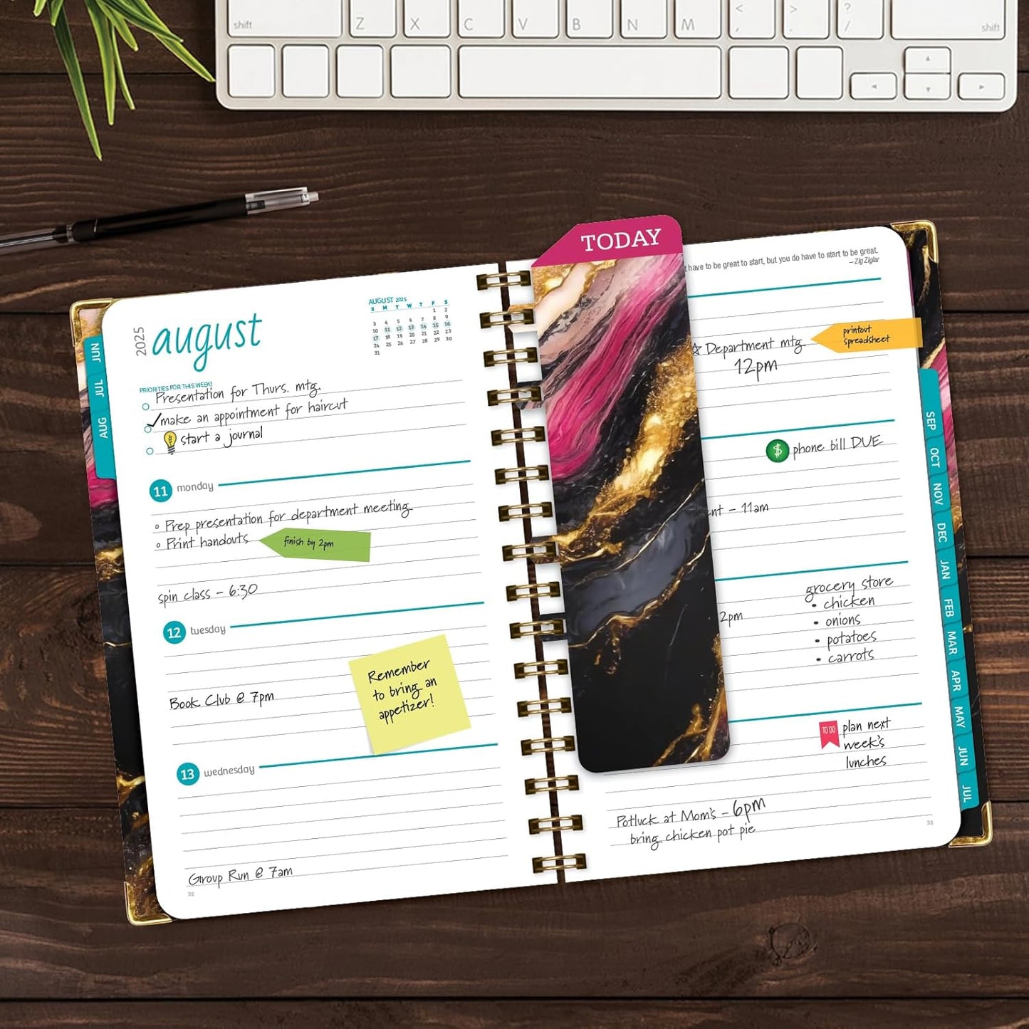 HARDCOVER Academic Year 2025-2026 Planner: (June 2025 Through July 2026) 5.5"x8" Daily Weekly Monthly Planner Yearly Agenda. Bookmark, Pocket Folder and Sticky Note Set (Dark Gold Marble)